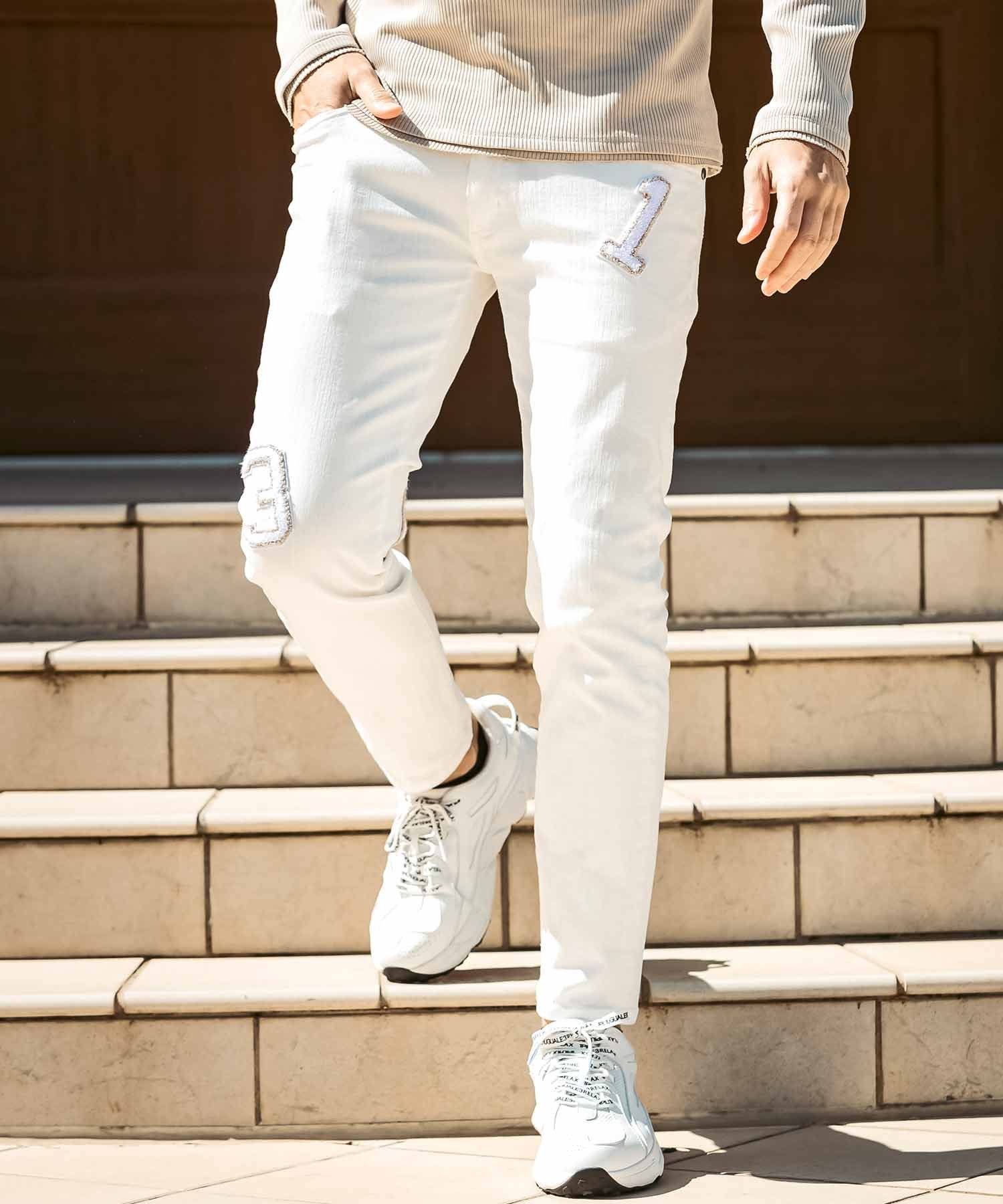 【SALE／30%OFF】1PIU1UGUALE3 RELAX (M)1PIU1UGUALE3 RELAX/USB-24084 サガラロゴアップリケデニムパンツ シフォン パンツ ジーンズ・デニムパンツ ブラック ネイビー ホワイト【送料無料】