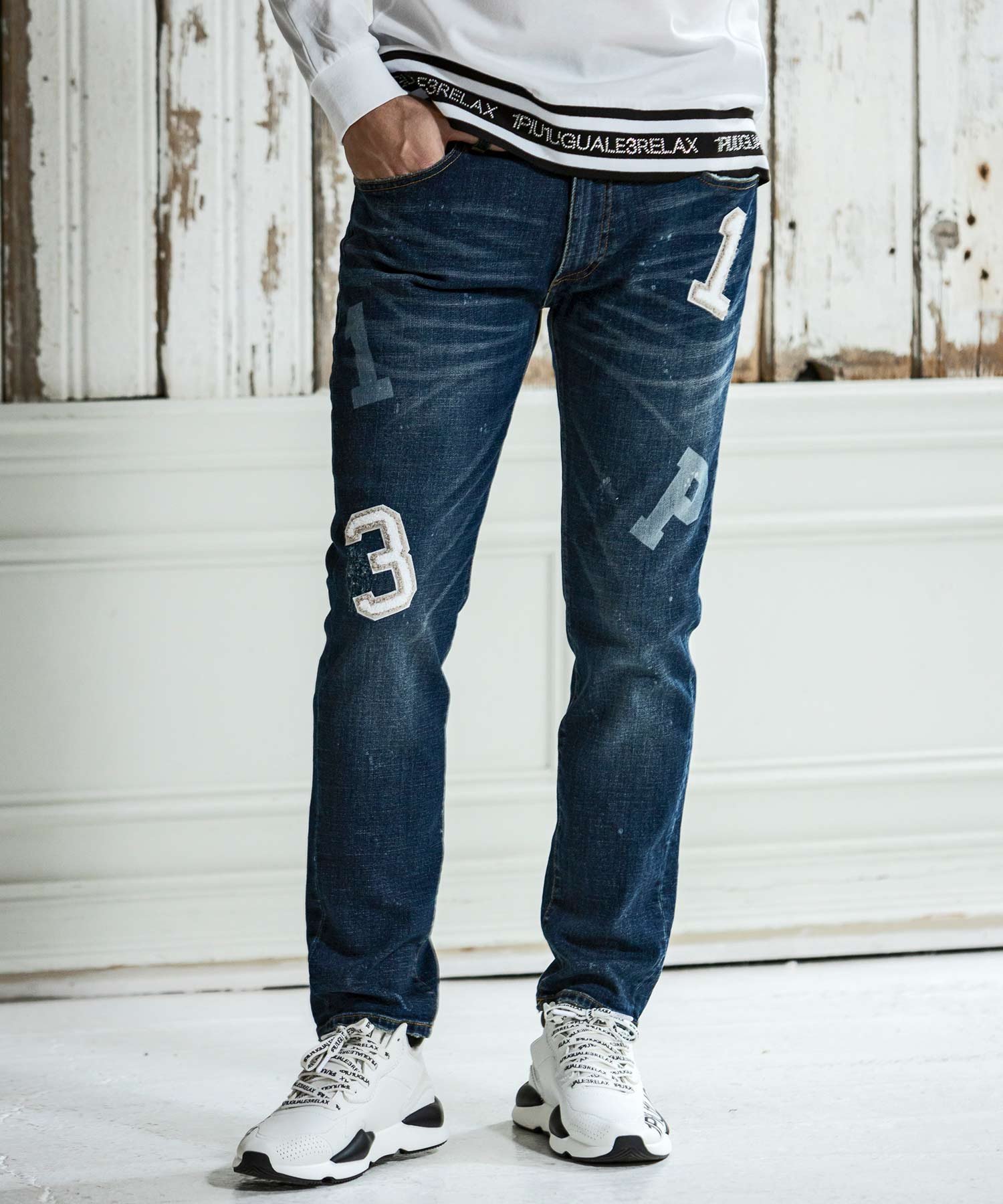 【SALE／30%OFF】1PIU1UGUALE3 RELAX (M)1PIU1UGUALE3 RELAX/USB-24084 サガラロゴアップリケデニムパンツ シフォン パンツ ジーンズ・デニムパンツ ブラック ネイビー ホワイト【送料無料】