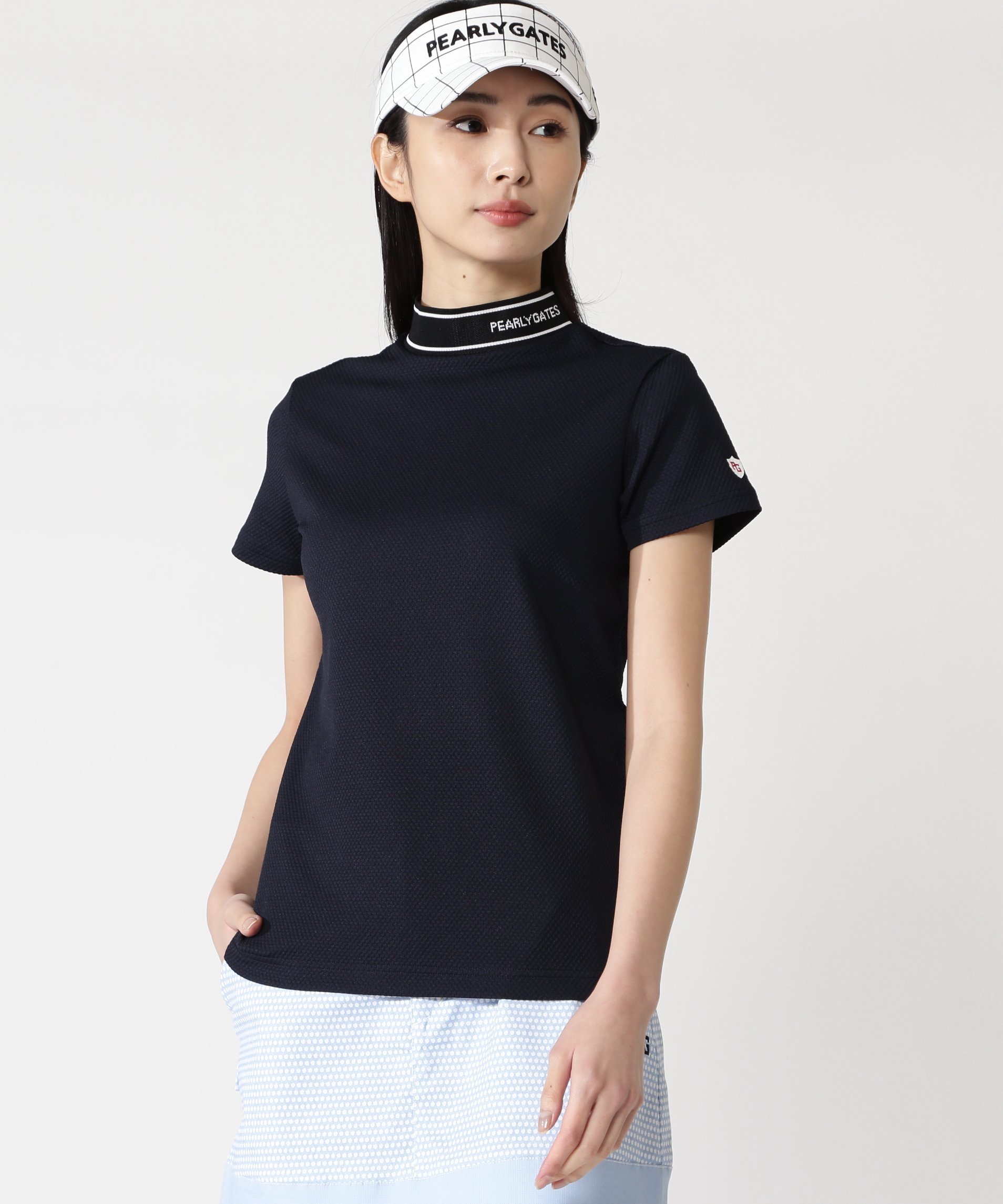 PEARLY GATES ELACTION格子ジャガード半袖ハイネックカットソー パーリーゲイツ トップス その他のトップス ホワイト グリーン ネイビー