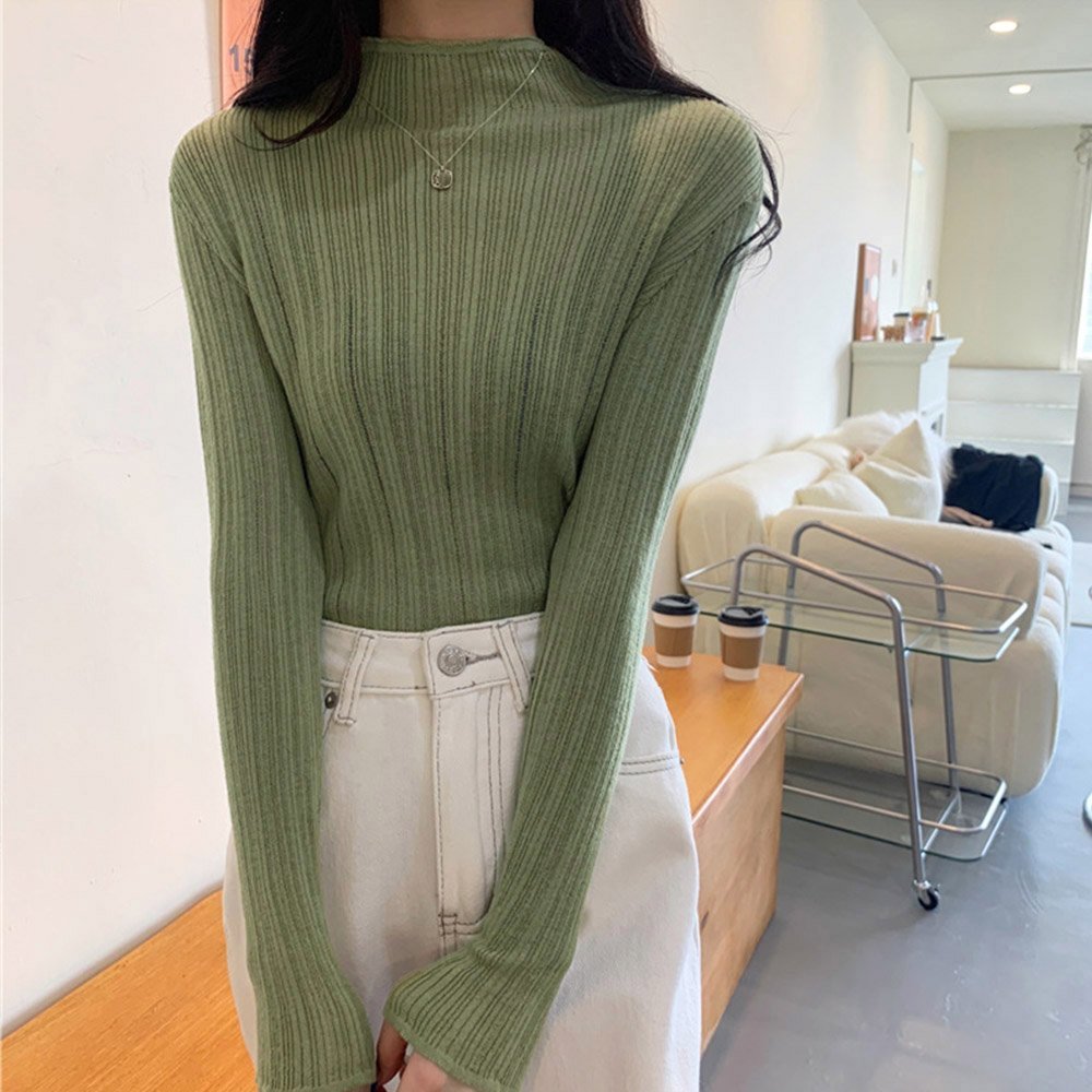 miniministore ハイネック リブニットトップス 長袖 ミニミニストア トップス ニット ブラック ベージュ ホワイト グレー グリーン