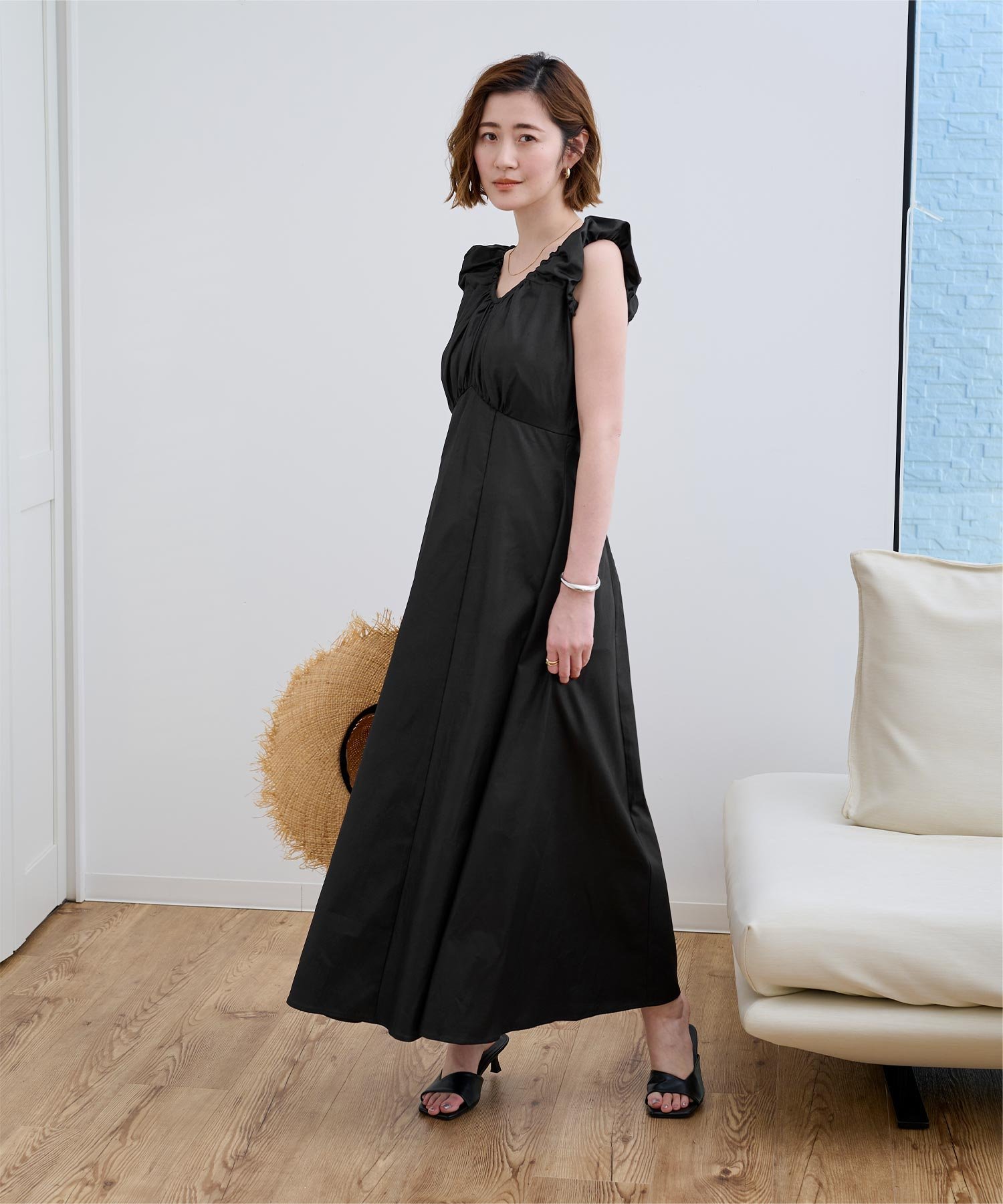 【SALE／60%OFF】ur's 2wayネックAラインワンピース ロング丈 フレア ギャザー オフショル 上品 大人 ユアーズ ワンピース・ドレス ワンピース ブラック ブルー カーキグリーン