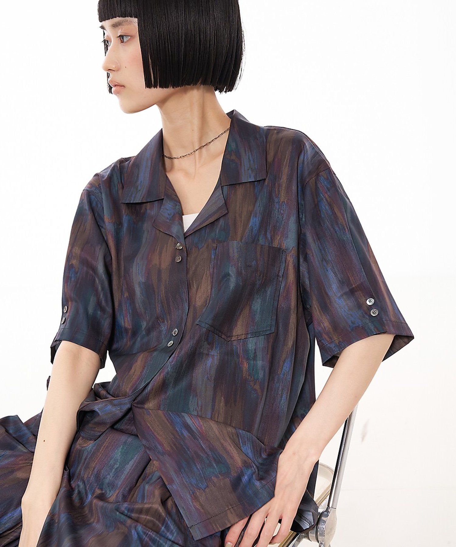 NOMINE 【セットアップ対応】ペイント柄 開襟シャツ ノミネ トップス シャツ・ブラウス オレンジ