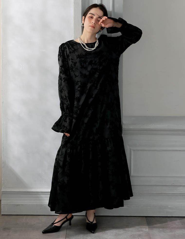 MEISM フロッキーオーガンジーロングワンピース リエディ ワンピース・ドレス ワンピース ブラック【送料無料】 stylife-14894517 Rakuten Fashion サンプル画像3