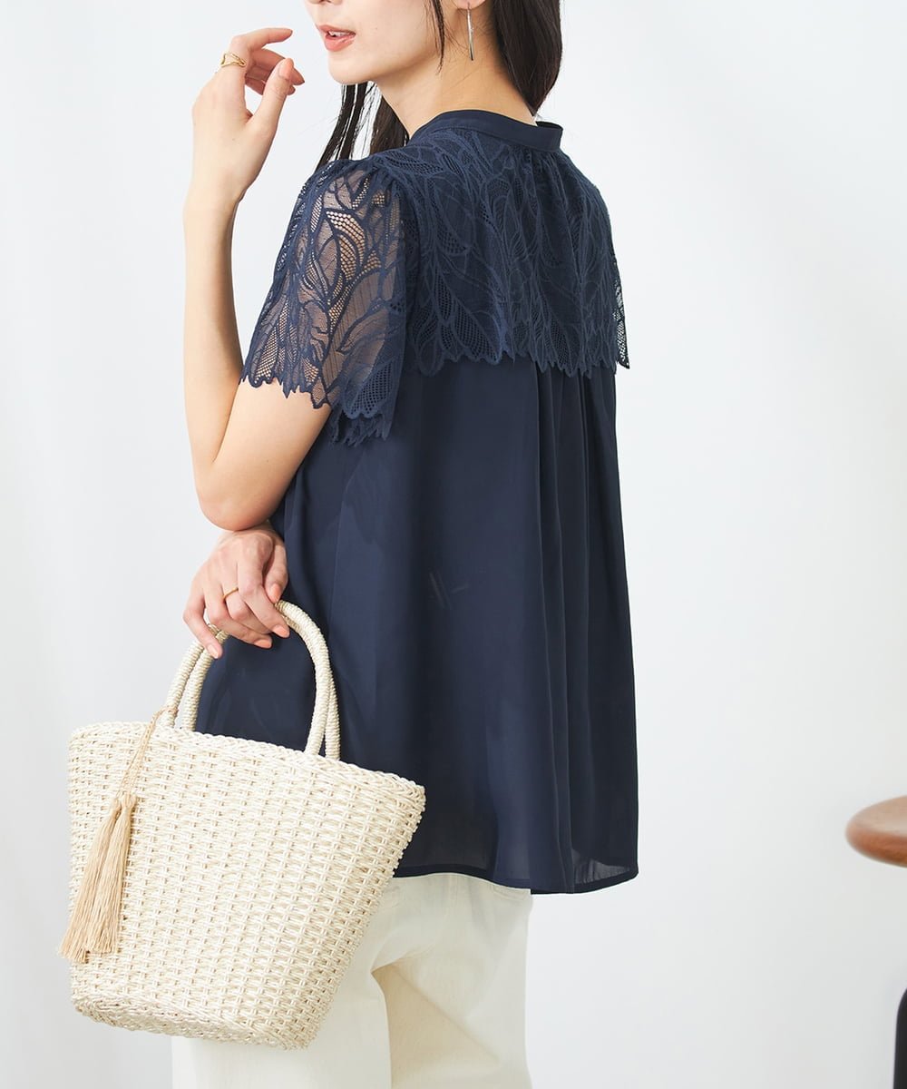 ネイビー レース模様 半袖トップス 楽天市場】【OUTLET SALE】トップス《襟付きレースショート