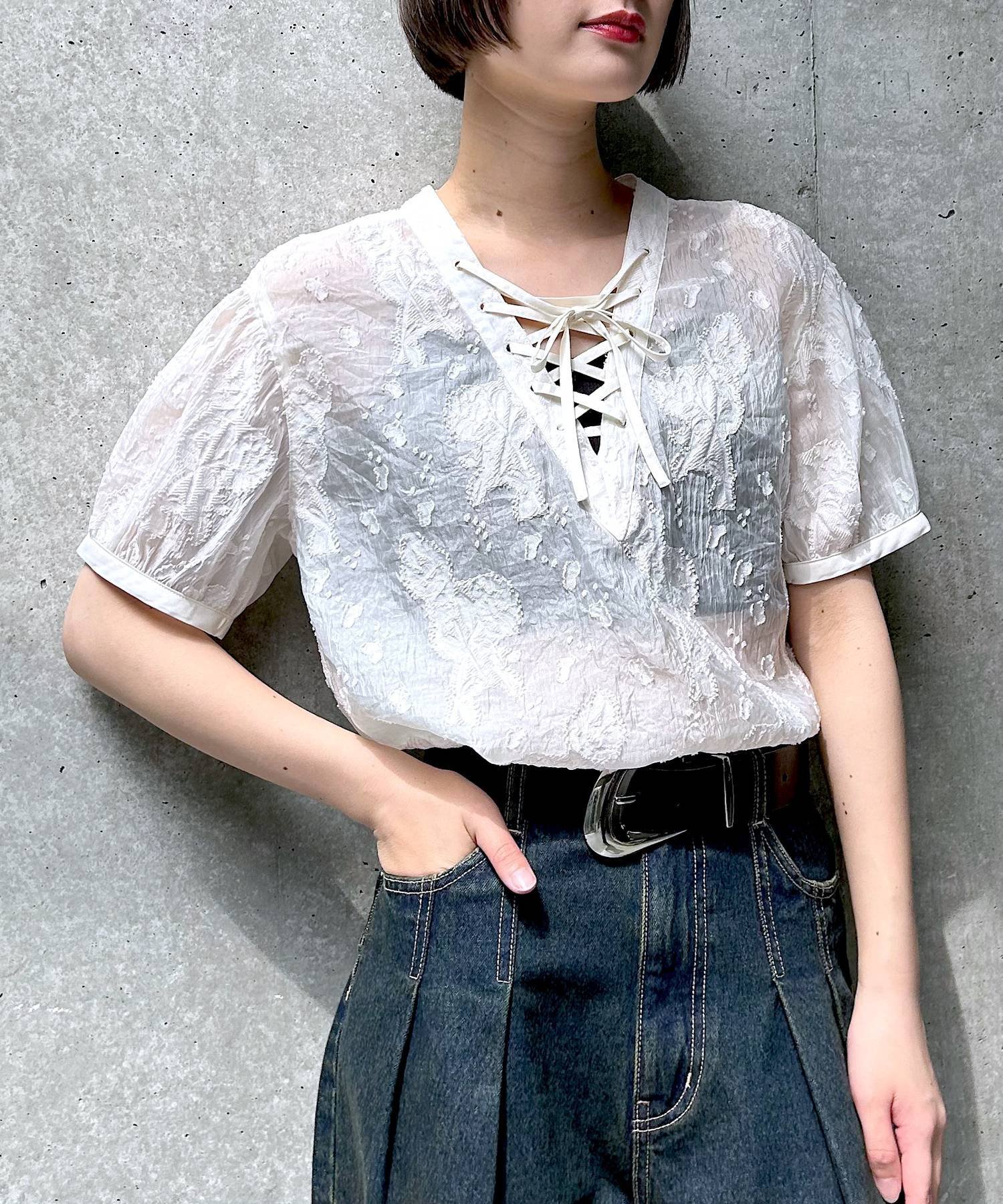 PAGEBOY 2WAYレースアップブラウス(半袖) ページボーイ トップス シャツ・ブラウス ホワイト ネイビー ブラック
