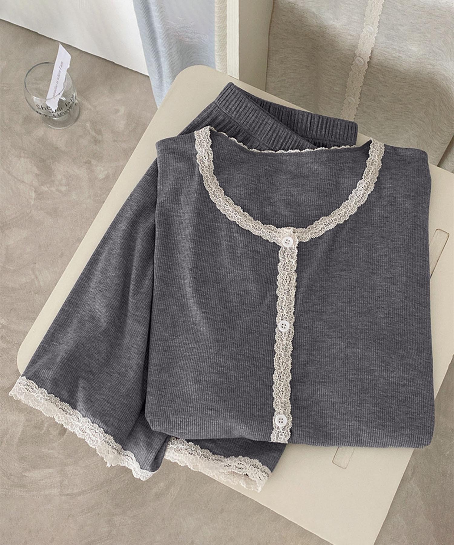 【SALE／10%OFF】aimoha home aimoha home/半袖シャツ+ハーフパンツ レース付きルームウェアセット アイモハ インナー・ルームウェア その他のインナー・ルームウェア ブルー ピンク グレー【送料無料】