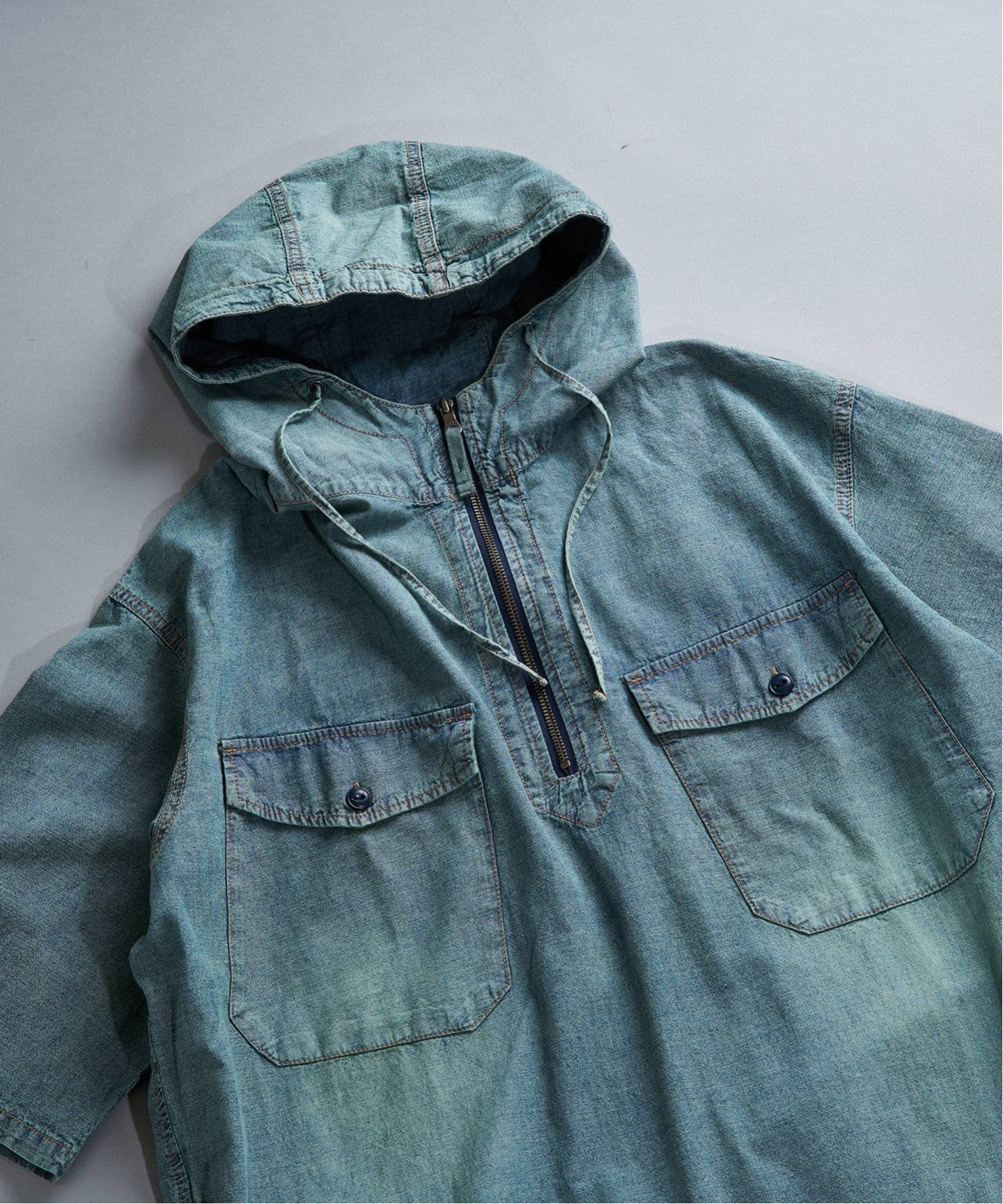 【SALE/40%OFF】B.C STOCK シャンブレー ハーフスリーブフードブルゾン ベーセーストック ジャケット・アウター ブルゾン・ジャンパー ブルー ブラック【送料無料】