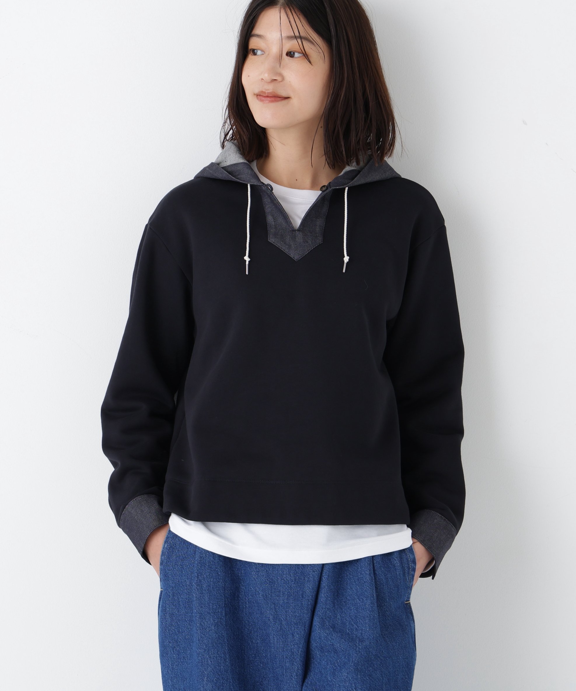 human woman ◆デニムドッキングフーディープルオーバー ヒューマン ウーマン トップス カットソー・Tシャツ ネイビー グレー