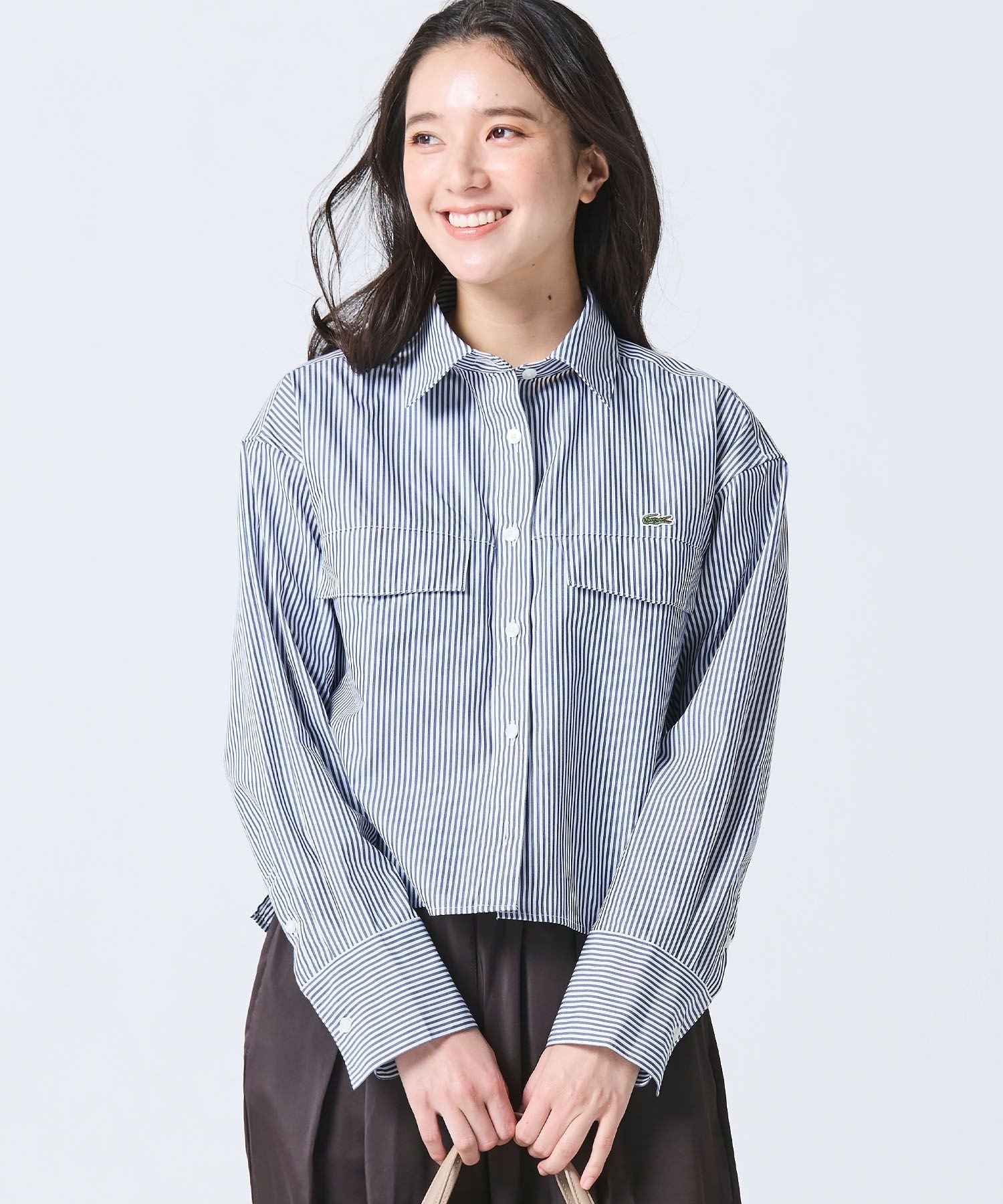 LACOSTE ダブルポケット クロップド丈 ストライプシャツ ラコステ トップス シャツ・ブラウス ネイビー グリーン【送料無料】