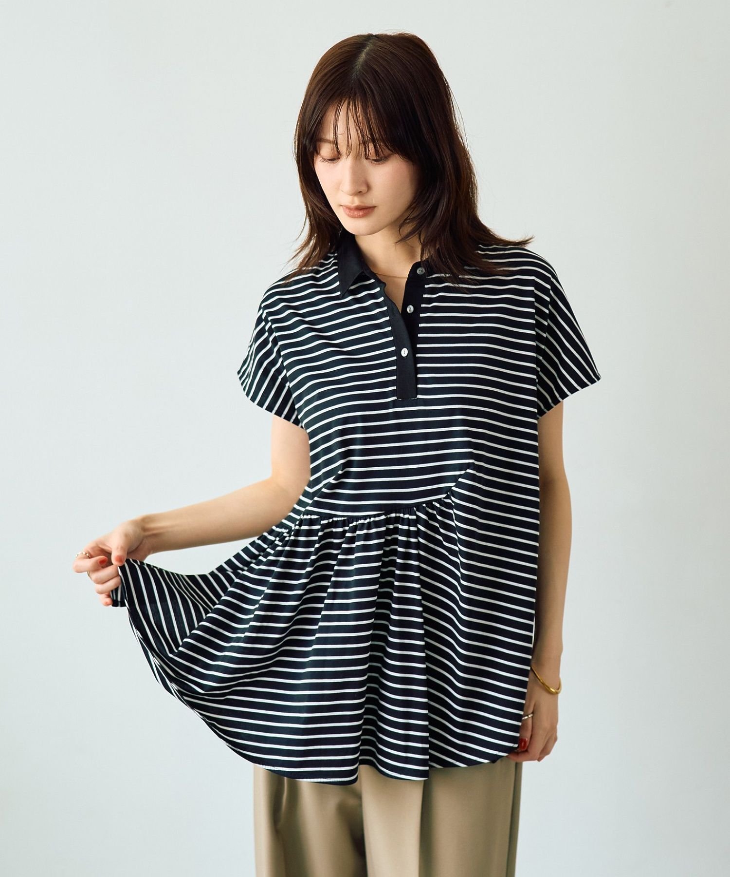 YECCA VECCA アシメボーダーポロシャツ イェッカヴェッカ トップス カットソー・Tシャツ ブルー ブラック ホワイト