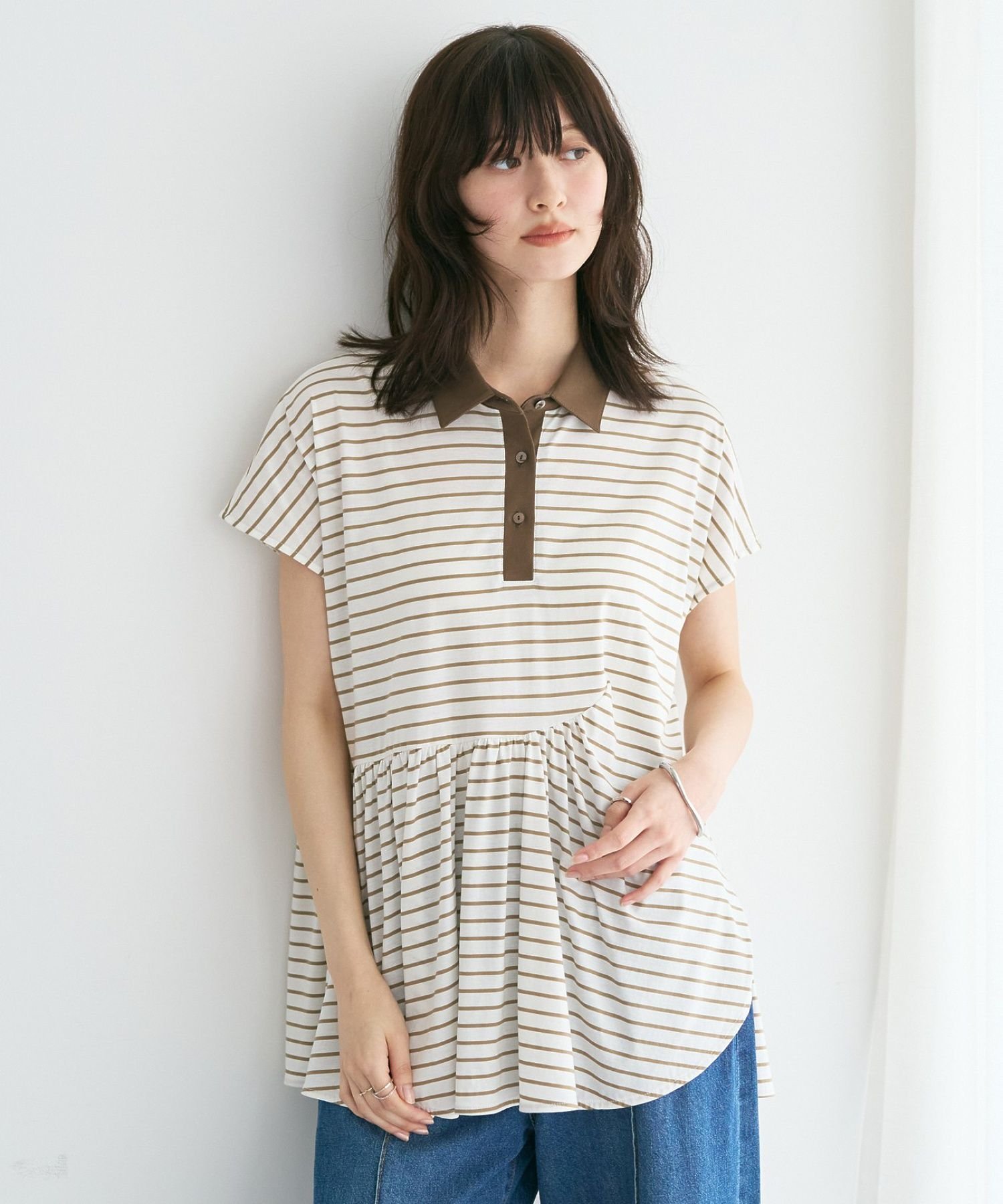 YECCA VECCA アシメボーダーポロシャツ イェッカヴェッカ トップス カットソー・Tシャツ ブルー ブラック ホワイト