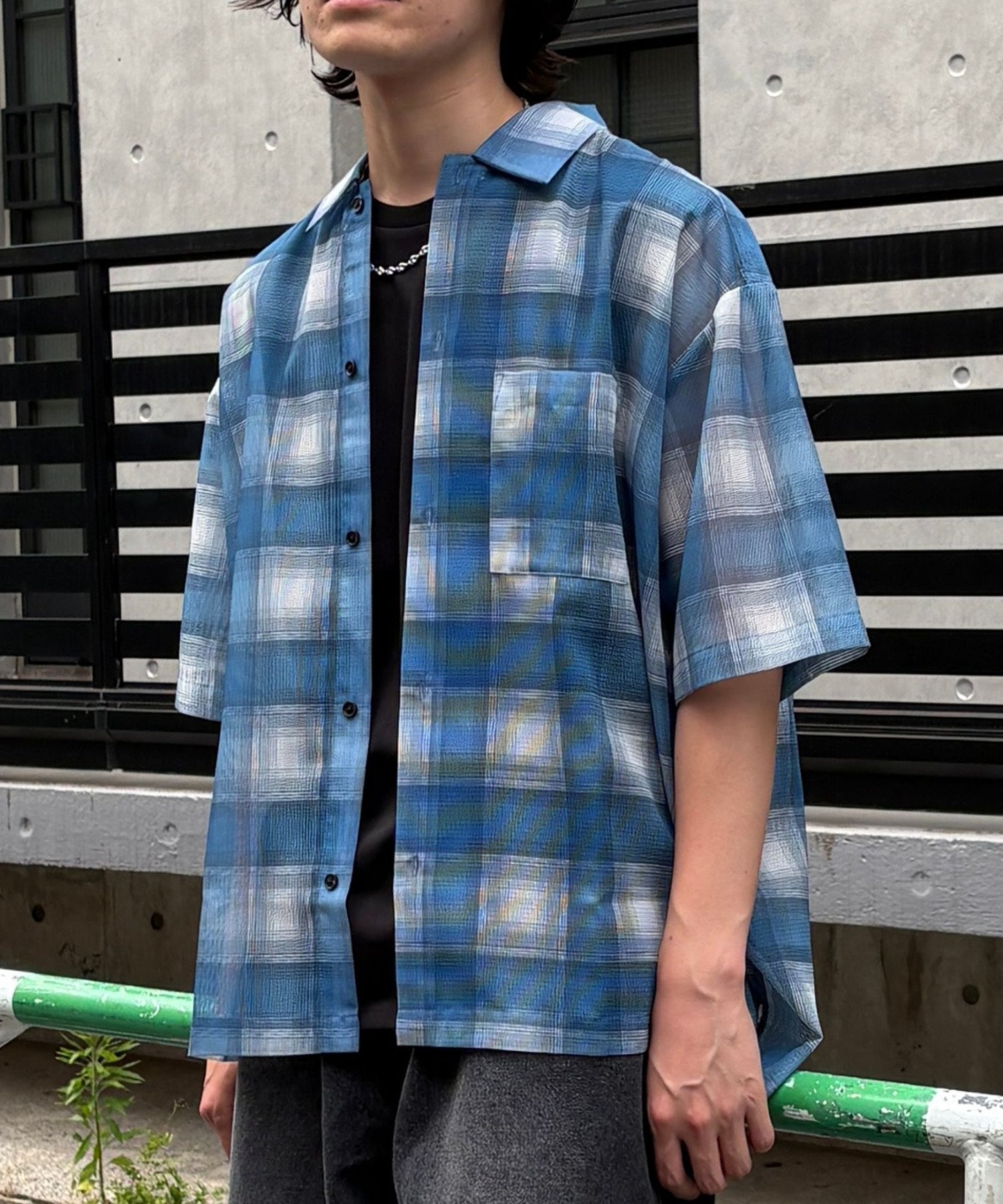 メッシュオンブレチェック半袖シャツ コロニー トゥーワンスリーナイン トップス シャツ・ブラウス ブラウン ブラック ホワイト ブルー