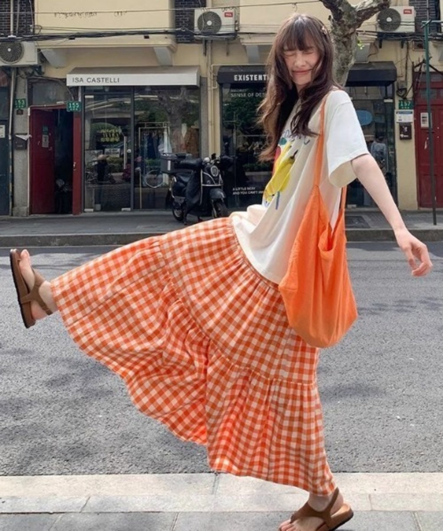 【SALE／15%OFF】Sibra オレンジギンガムチェックフレアロングスカート ディアベル スカート ロング・マキシスカート イエロー グリーン オレンジ