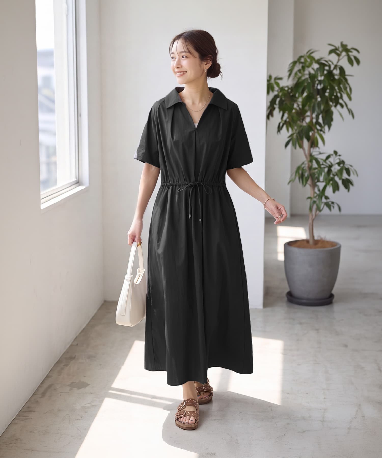 STYLE DELI オープンネックシャツワンピース スタイルデリ ワンピース・ドレス ワンピース ブラック ベージュ【送料無料】
