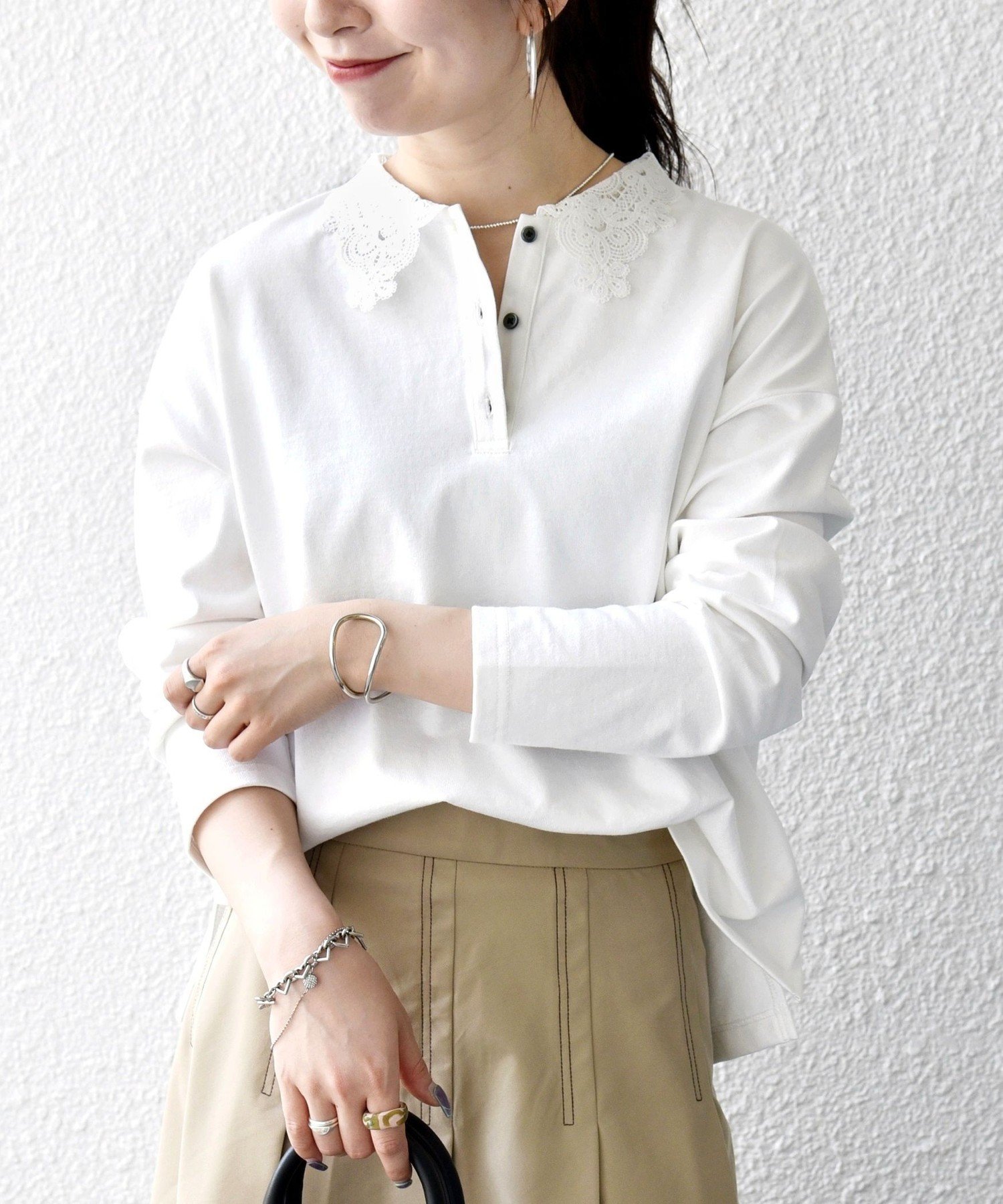 《予約》SHIPS any:＜洗濯機可能＞レース カラー ロングスリーブ ポロ プルオーバー シップス トップス カットソー・Tシャツ ネイビー ホワイト ブルー