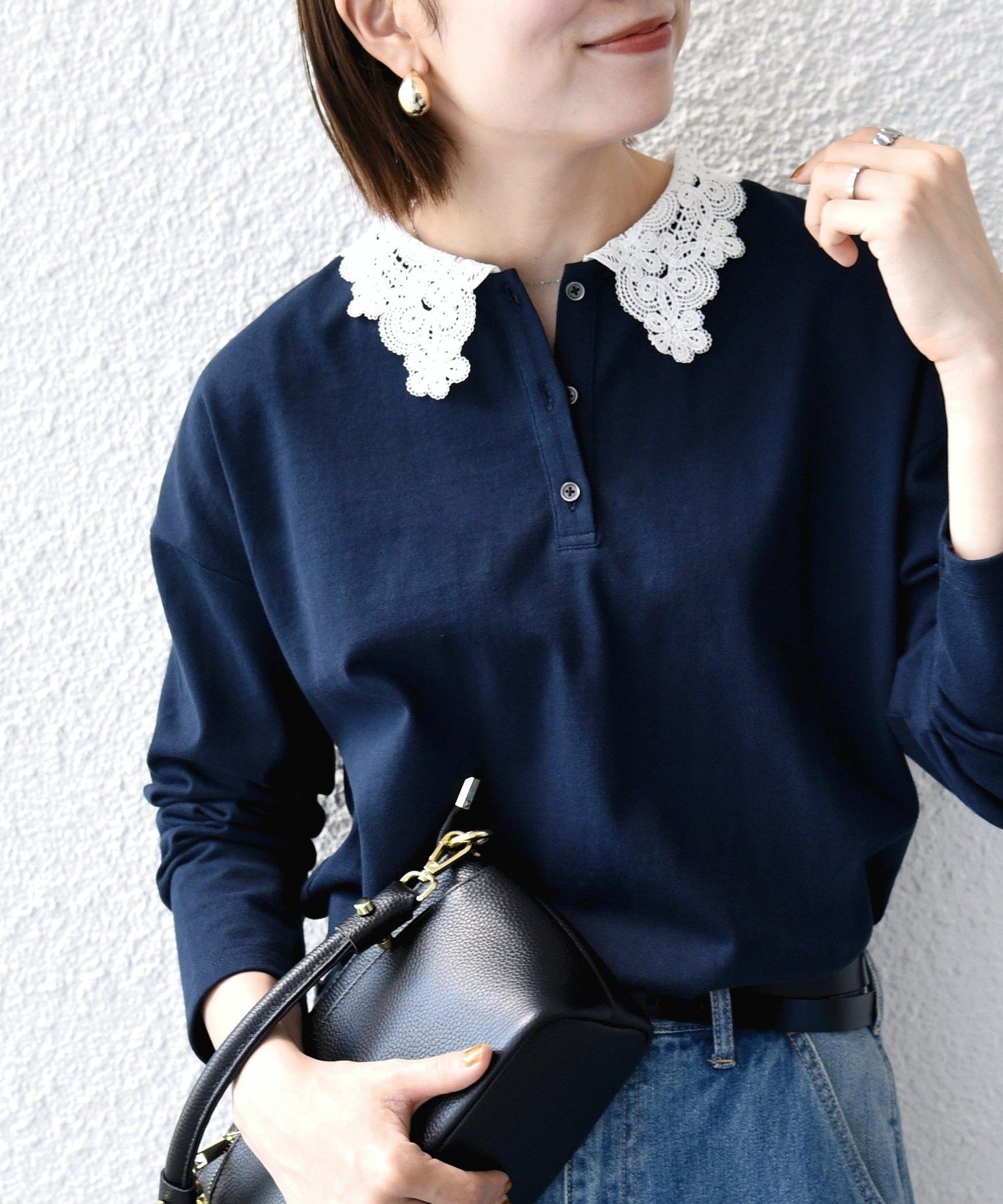 SHIPS any 《予約》SHIPS any:＜洗濯機可能＞レース カラー ロングスリーブ ポロ プルオーバー シップス トップス カットソー・Tシャツ ネイビー ホワイト ブルー【送料無料】
