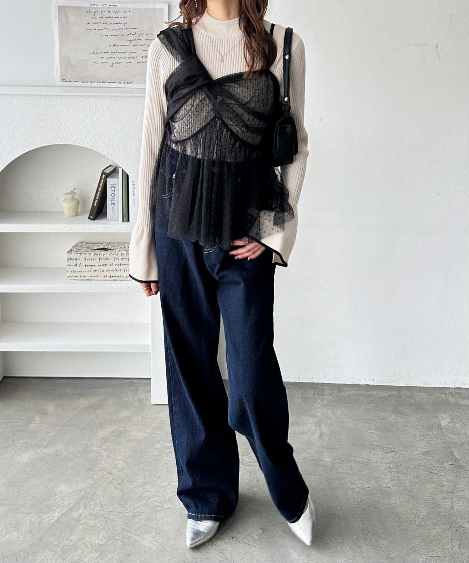 【SALE／40%OFF】GeeRA ドットチュールアシンメトリーデザインキャミビスチェ ジーラ ワンピース・ドレス チュニック グレー ブラック