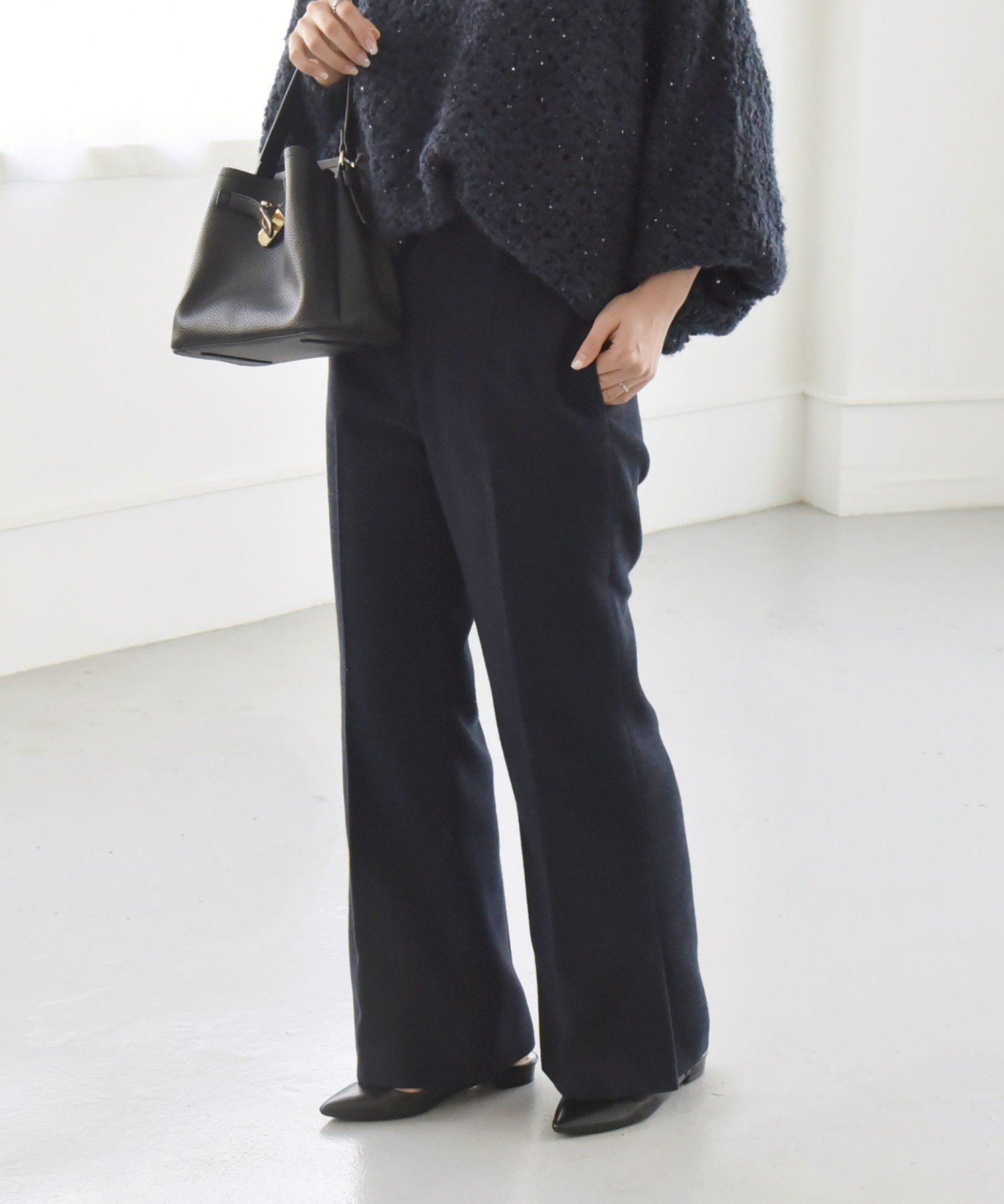 【SALE／60%OFF】quaranciel quaranciel:＜洗濯機可能＞ポリエステル サージ セミ フレア パンツ シップス パンツ その他のパンツ ネイビー グレー【送料無料】