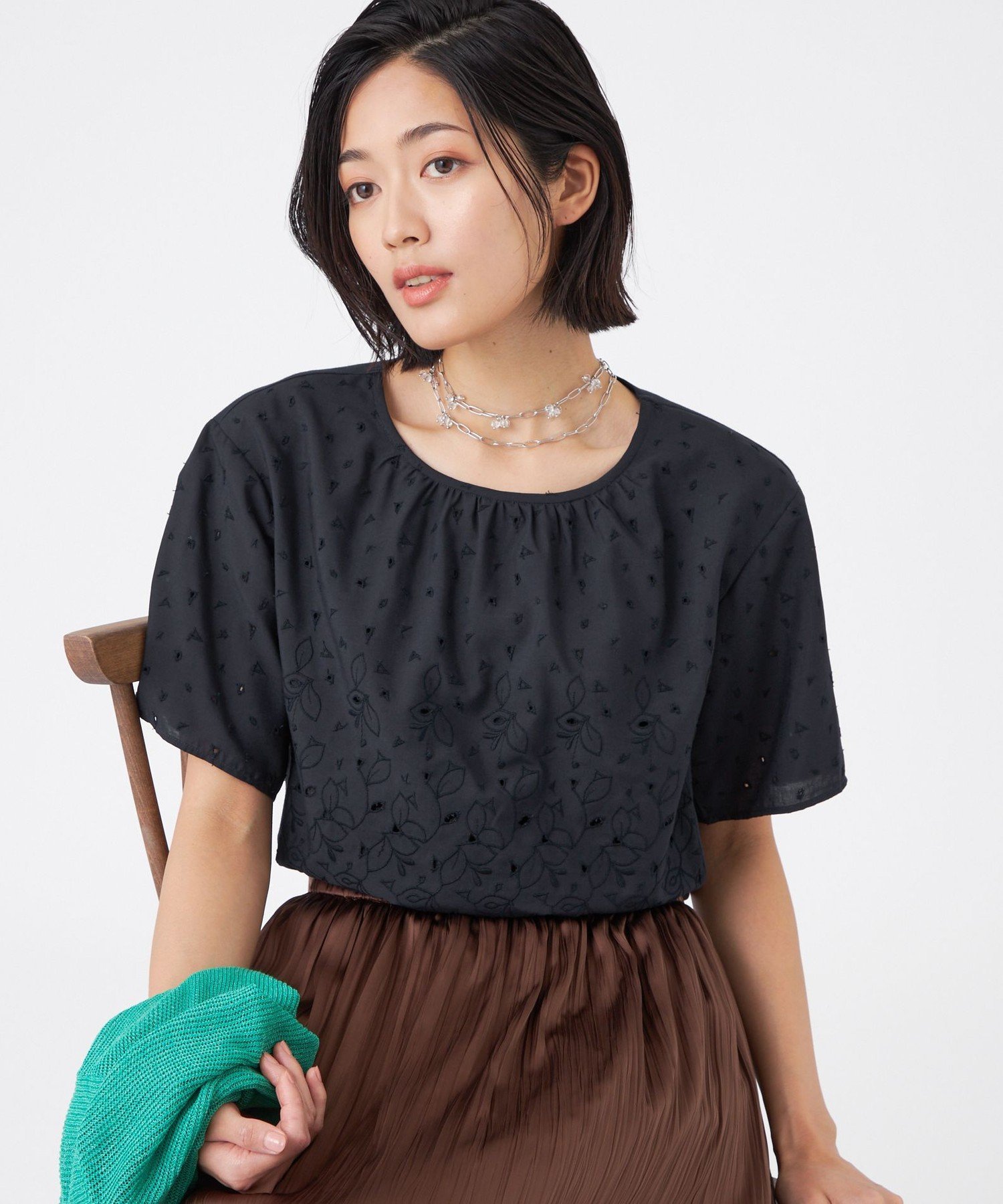 TRANS WORK 【ウォッシャブル】カットワークレースコンビ トランスワーク トップス カットソー・Tシャツ ネイビー ホワイト