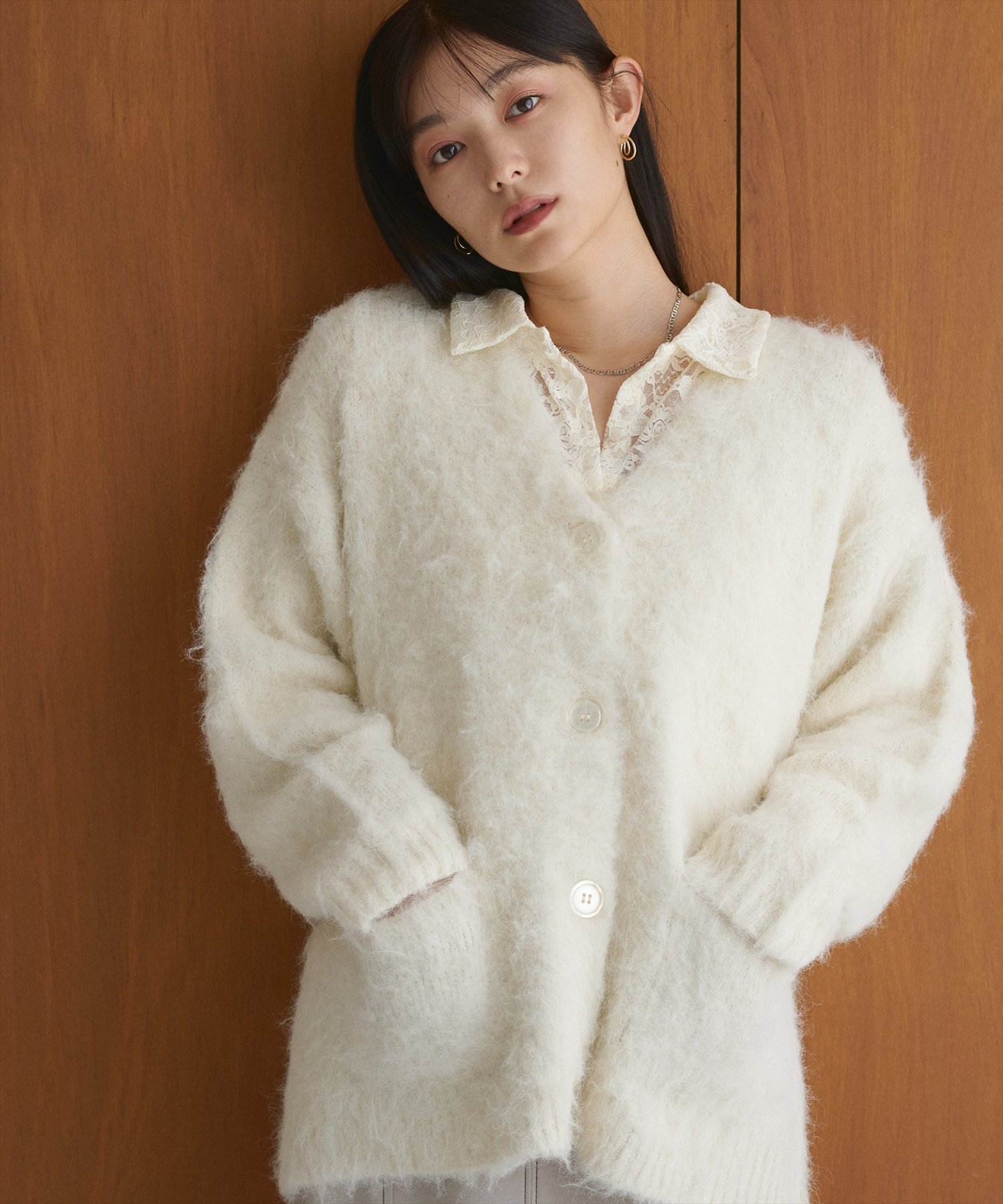 natural couture シャギー起毛Vネックニットカーディガン ナチュラルクチュール トップス カーディガン ピンク ブラウン ブルー ホワイト【送料無料】