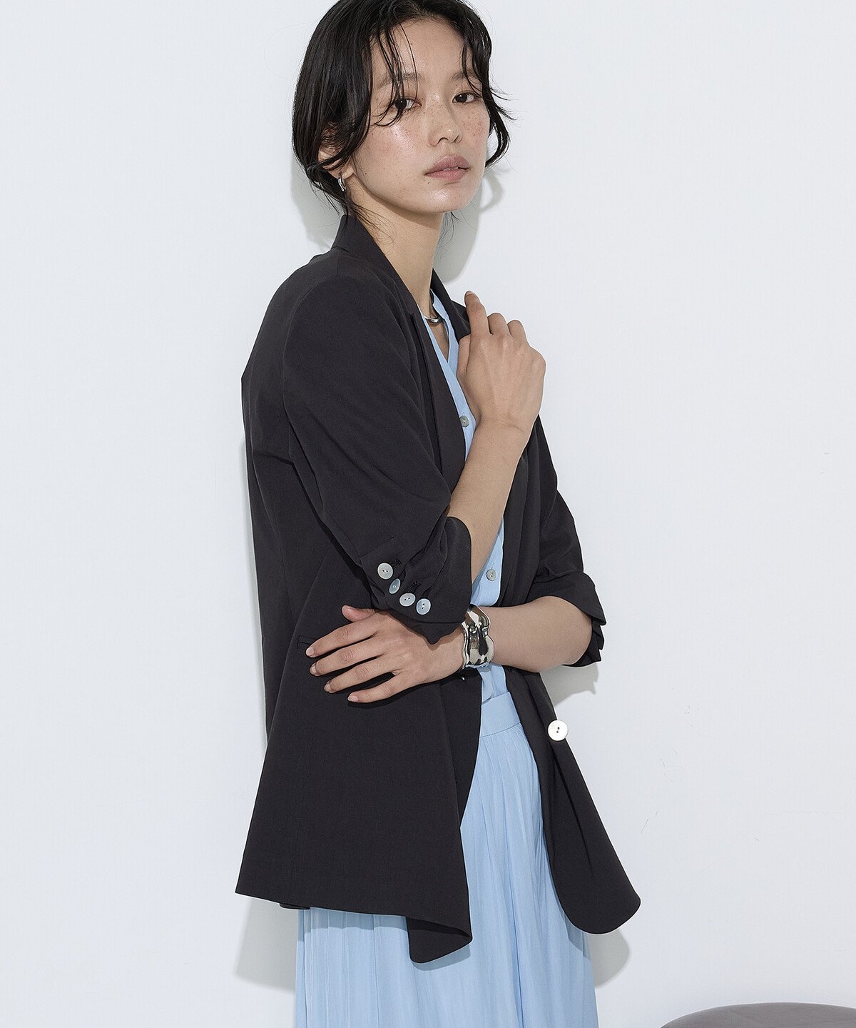 K.T KIYOKO TAKASE リネン/トリアセテートストレッチ ダブルブレストジャケット コムサ ジャケット・アウター テーラードジャケット・ブレザー ブラウン グレー