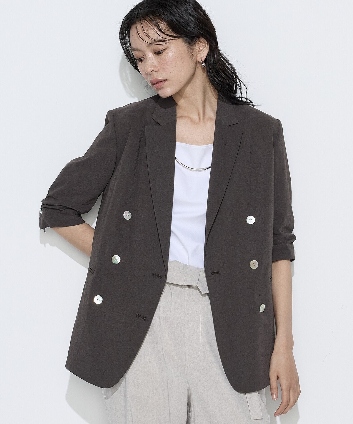 K.T KIYOKO TAKASE リネン/トリアセテートストレッチ ダブルブレストジャケット コムサ ジャケット・アウター テーラードジャケット・ブレザー ブラウン グレー