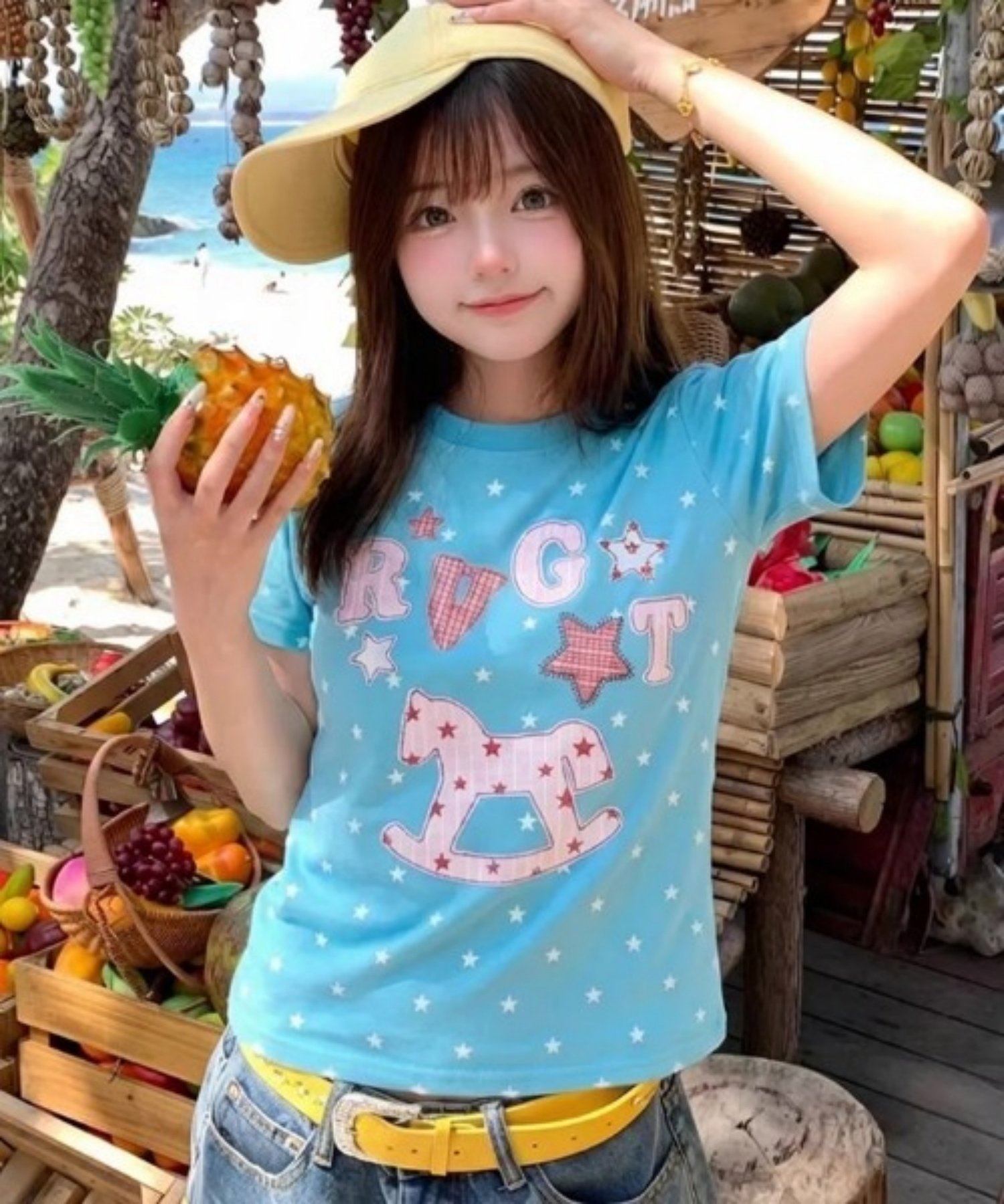 Sibra 選べるグラフィックプリント半袖Tシャツ / ドット・スター・ユニコーンデザイン ディアベル トップス カットソー・Tシャツ ブルー レッド ホワイト