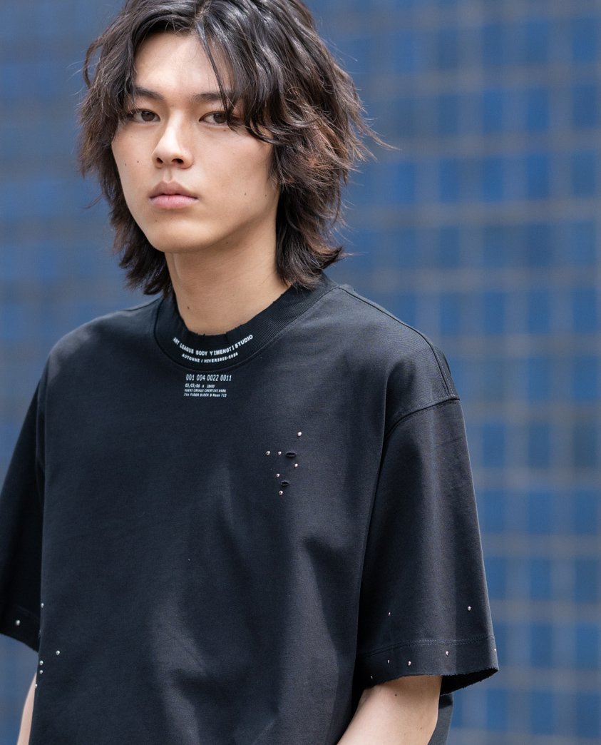 YEVS ラインストーン半袖Tシャツ綿100%メンズ イーブス トップス カットソー・Tシャツ ブラック