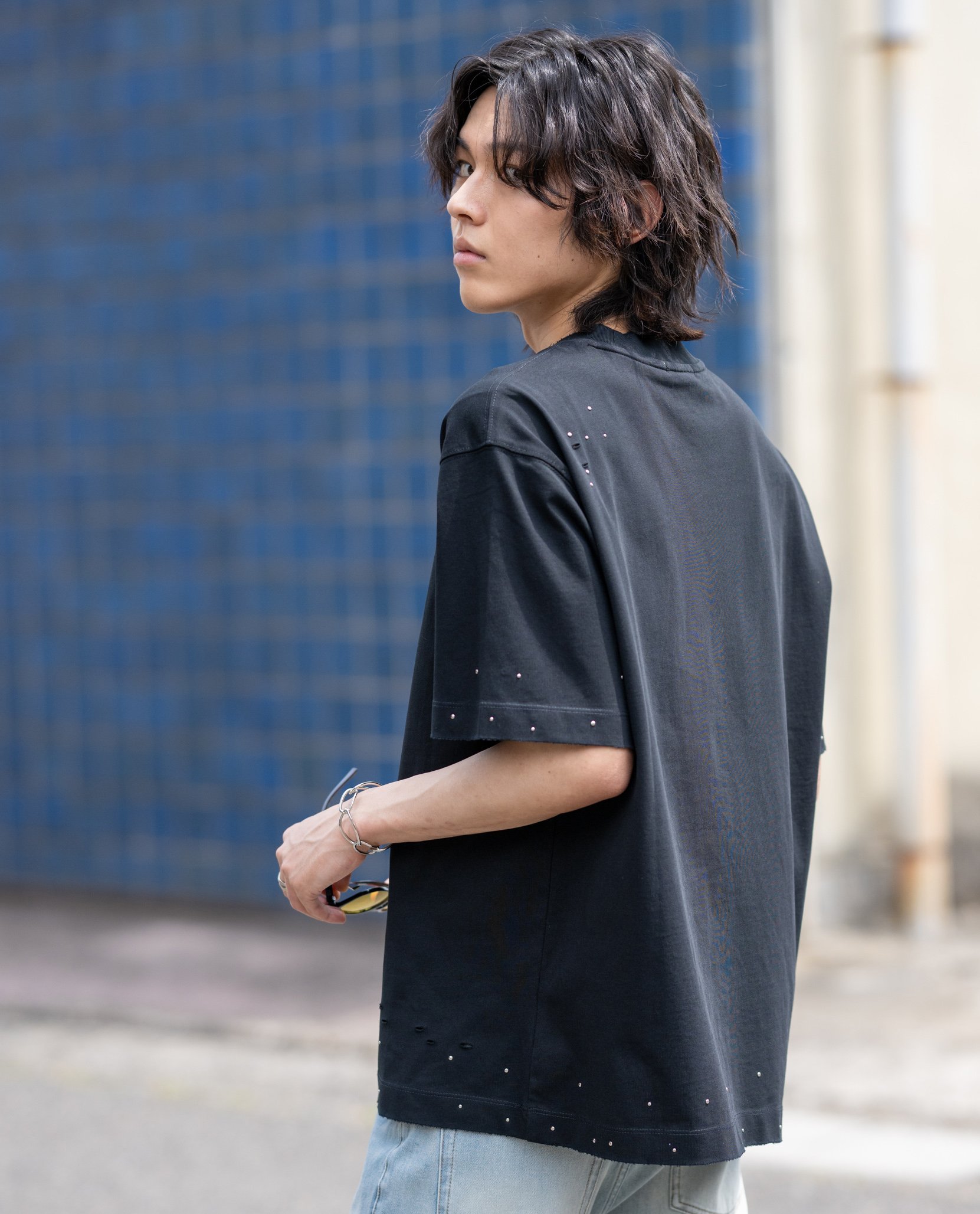 YEVS ラインストーン半袖Tシャツ綿100%メンズ イーブス トップス カットソー・Tシャツ ブラック