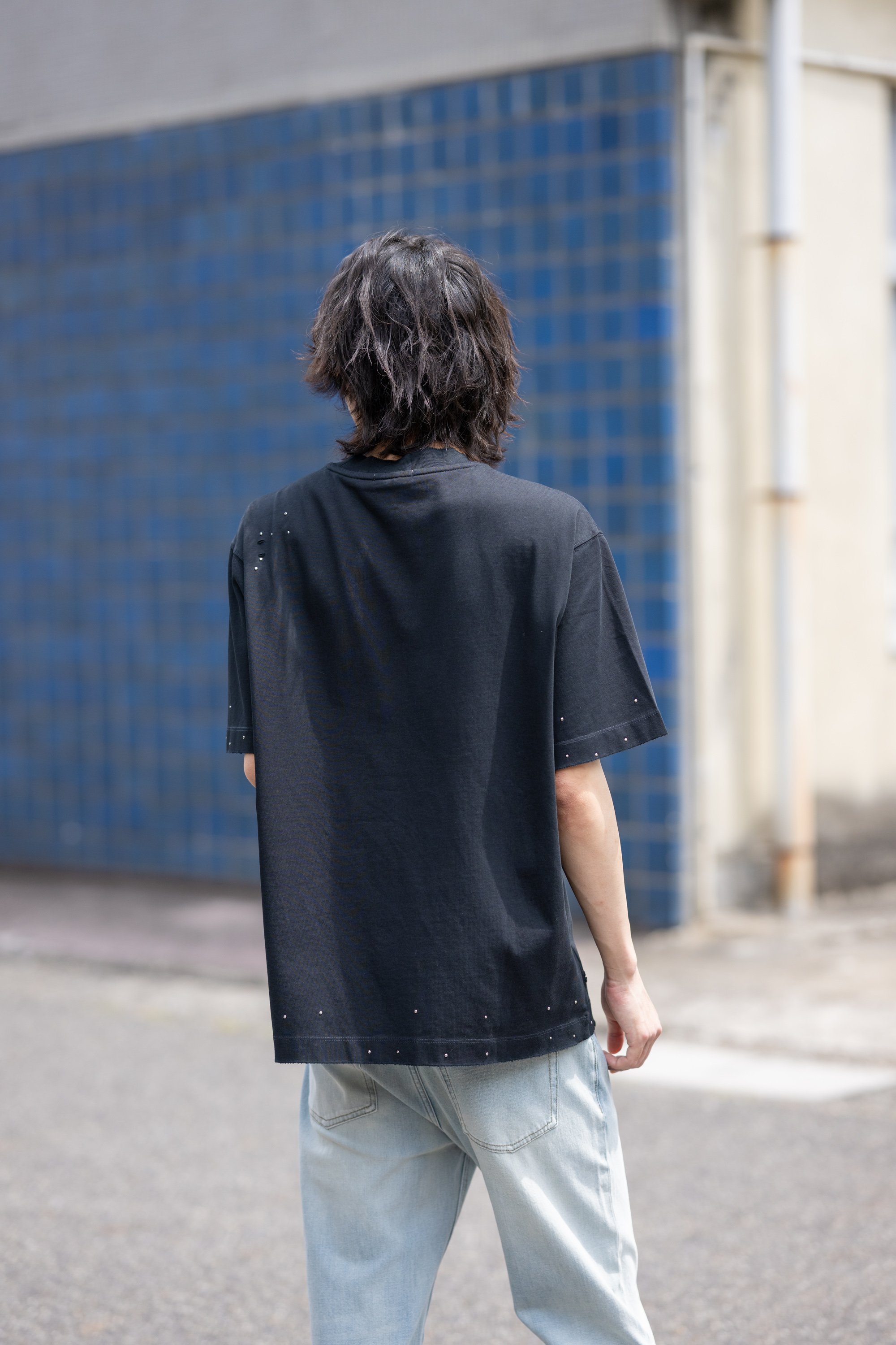 YEVS ラインストーン半袖Tシャツ綿100%メンズ イーブス トップス カットソー・Tシャツ ブラック