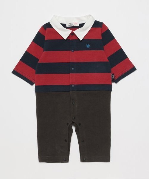 【SALE／50%OFF】petit main 【POLO BCS】ボーダーカバーオール ナルミヤオンライン マタニティウェア・ベビー用品 ロンパース・カバーオール ブルー グリーン レッドのサムネイル