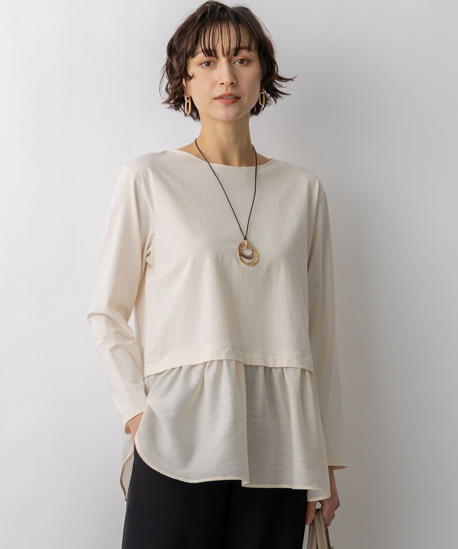 23区 L ナチュラルコットンベア シアードッキング カットソー ニジュウサンク トップス カットソー・Tシャツ ブラック ホワイト ベージュ