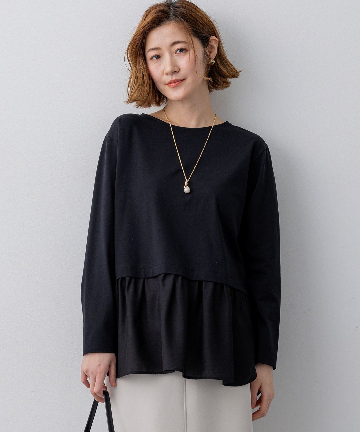 23区 L ナチュラルコットンベア シアードッキング カットソー ニジュウサンク トップス カットソー・Tシャツ ブラック ホワイト ベージュ