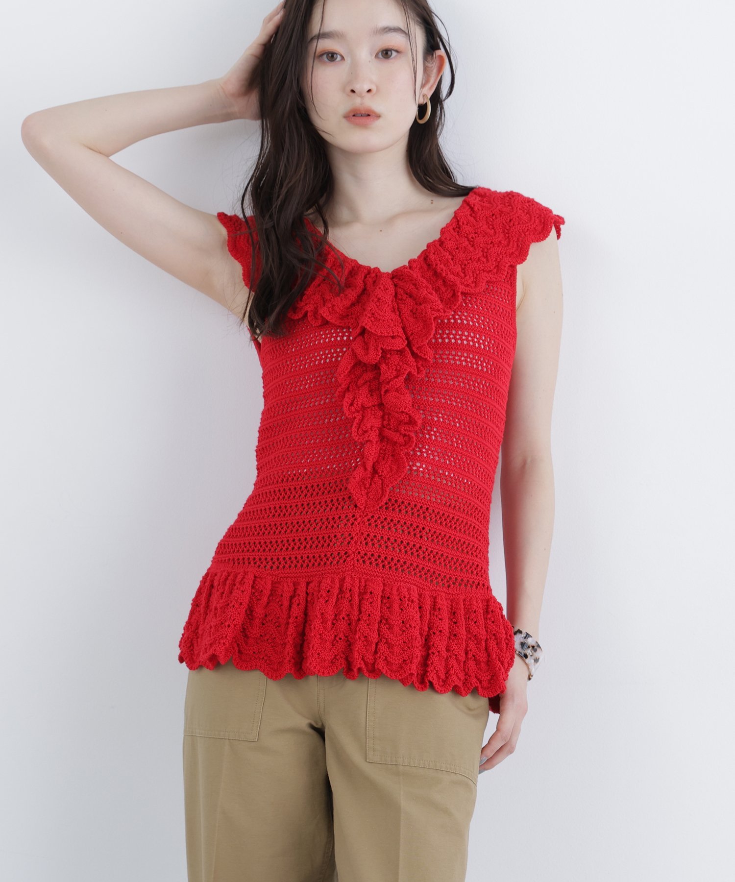 NATURAL BEAUTY BASIC ＜N.＞柄編みラッフルニット ナチュラルビューティベーシック トップス ニット ホワイト レッド ブラック