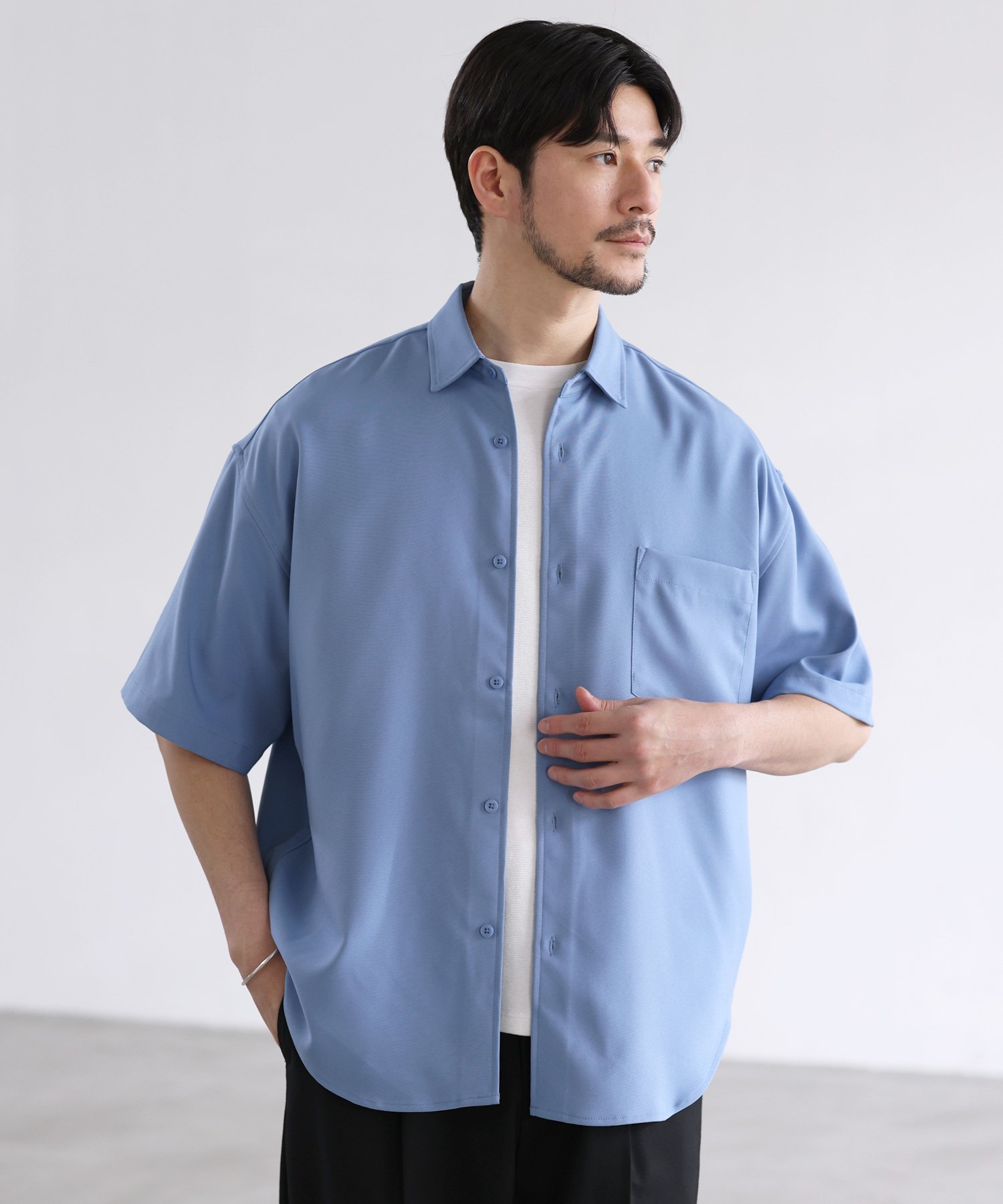 SPU 【防シワ/接触冷感】レギュラーカラーベーシック半袖シャツ カジュアル トップス シャツ・ブラウス ブラック ブルー ホワイト ネイビー グレー ベージュ