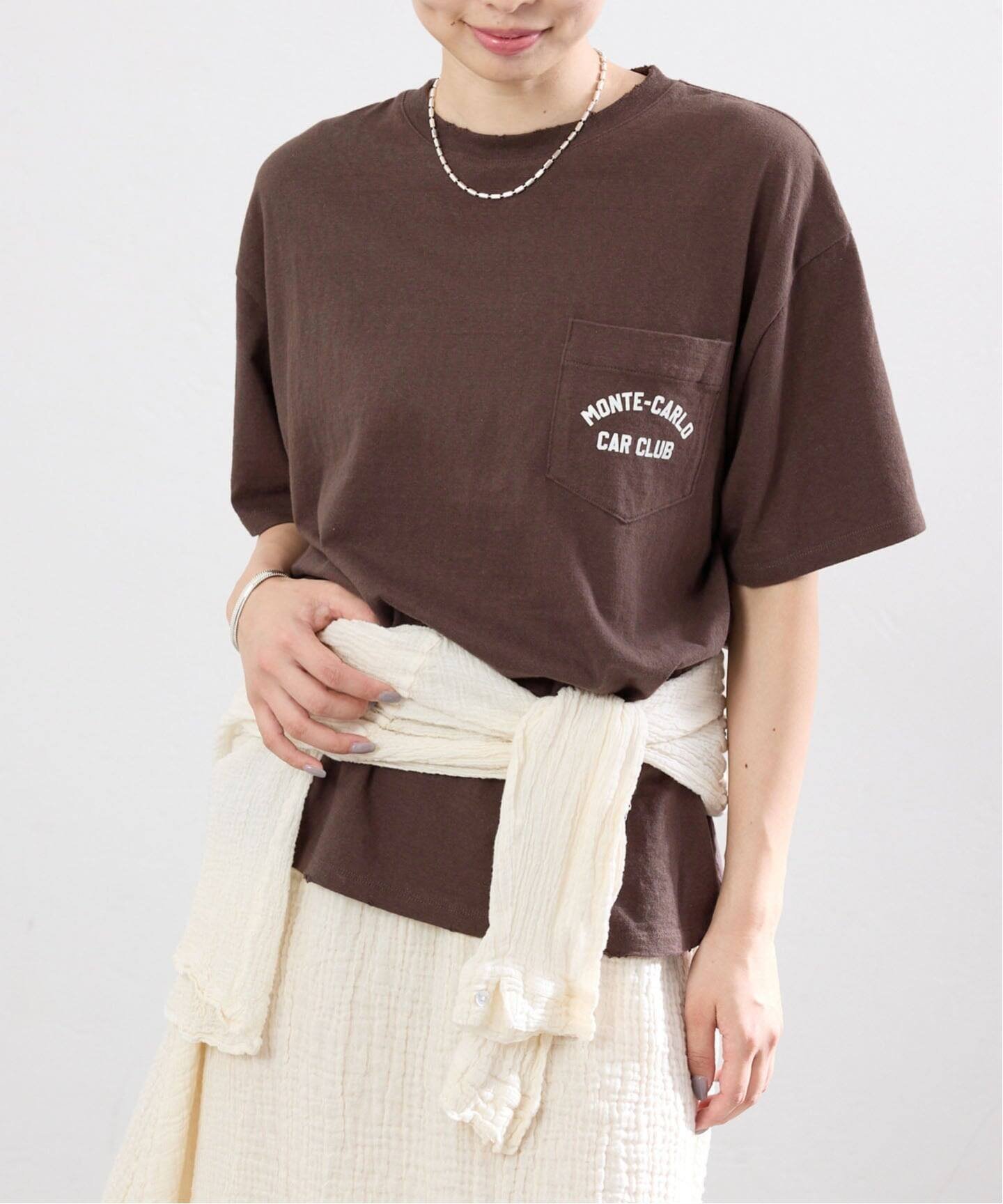 IENA BLACK ポケット付きプリントTシャツ イエナ トップス カットソー・Tシャツ ブラック ブラウン