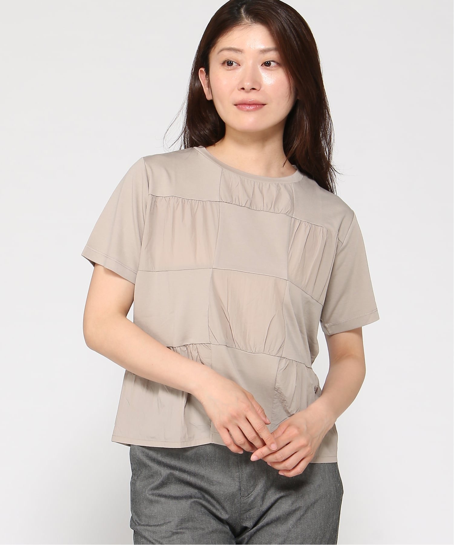 (W)異素材 切替 カットソー クロコダイル トップス カットソー・Tシャツ パープル ブラック ベージュ
