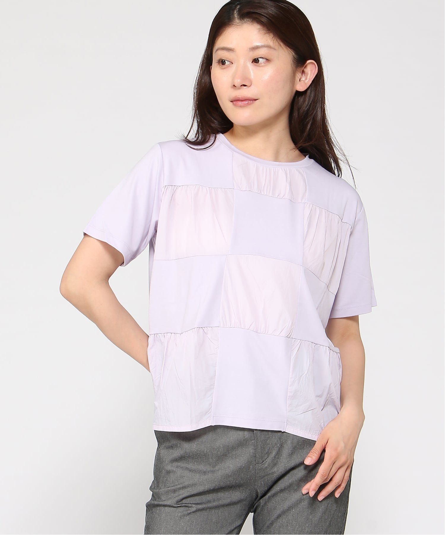 (W)異素材 切替 カットソー クロコダイル トップス カットソー・Tシャツ パープル ブラック ベージュ
