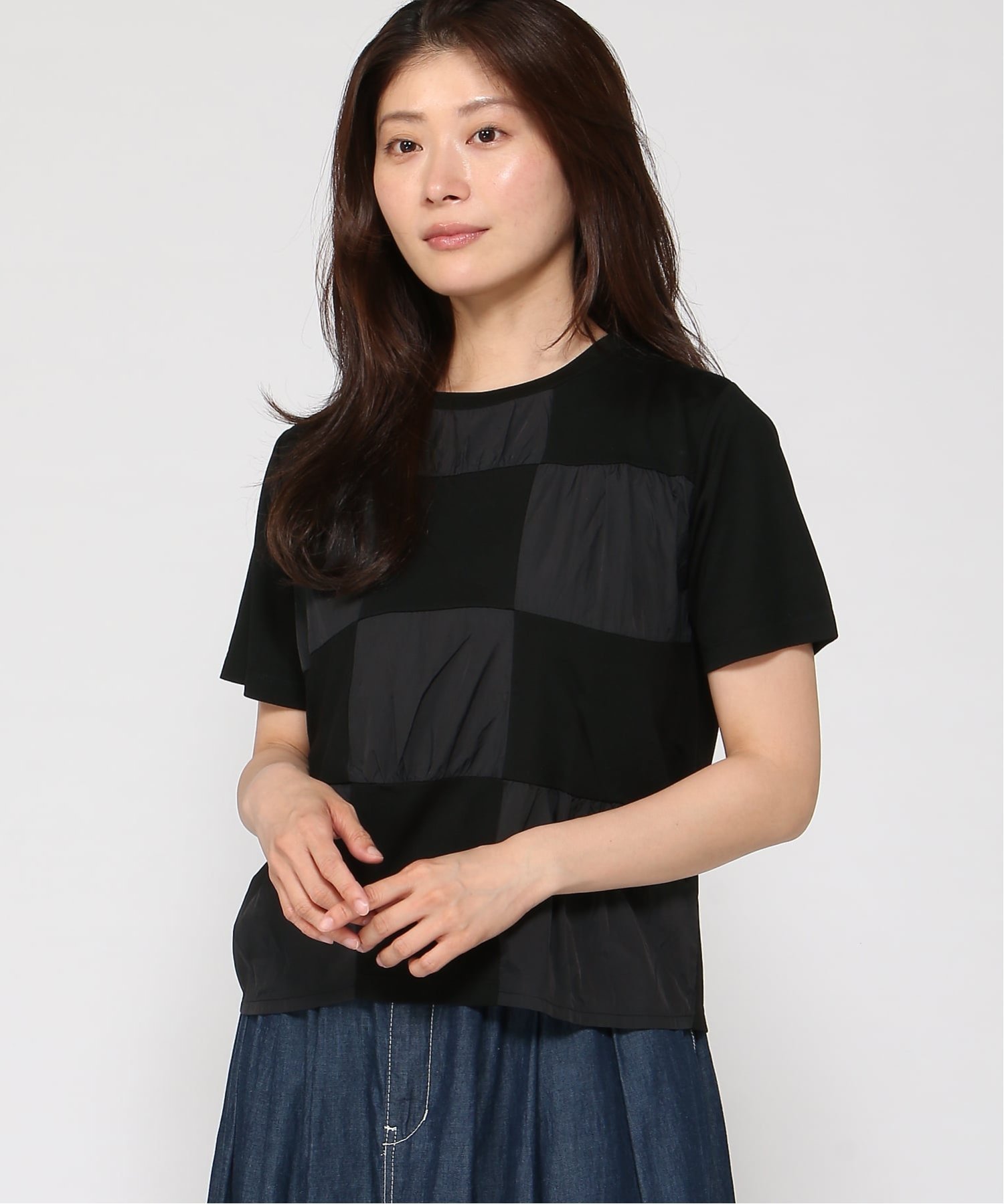 (W)異素材 切替 カットソー クロコダイル トップス カットソー・Tシャツ パープル ブラック ベージュ