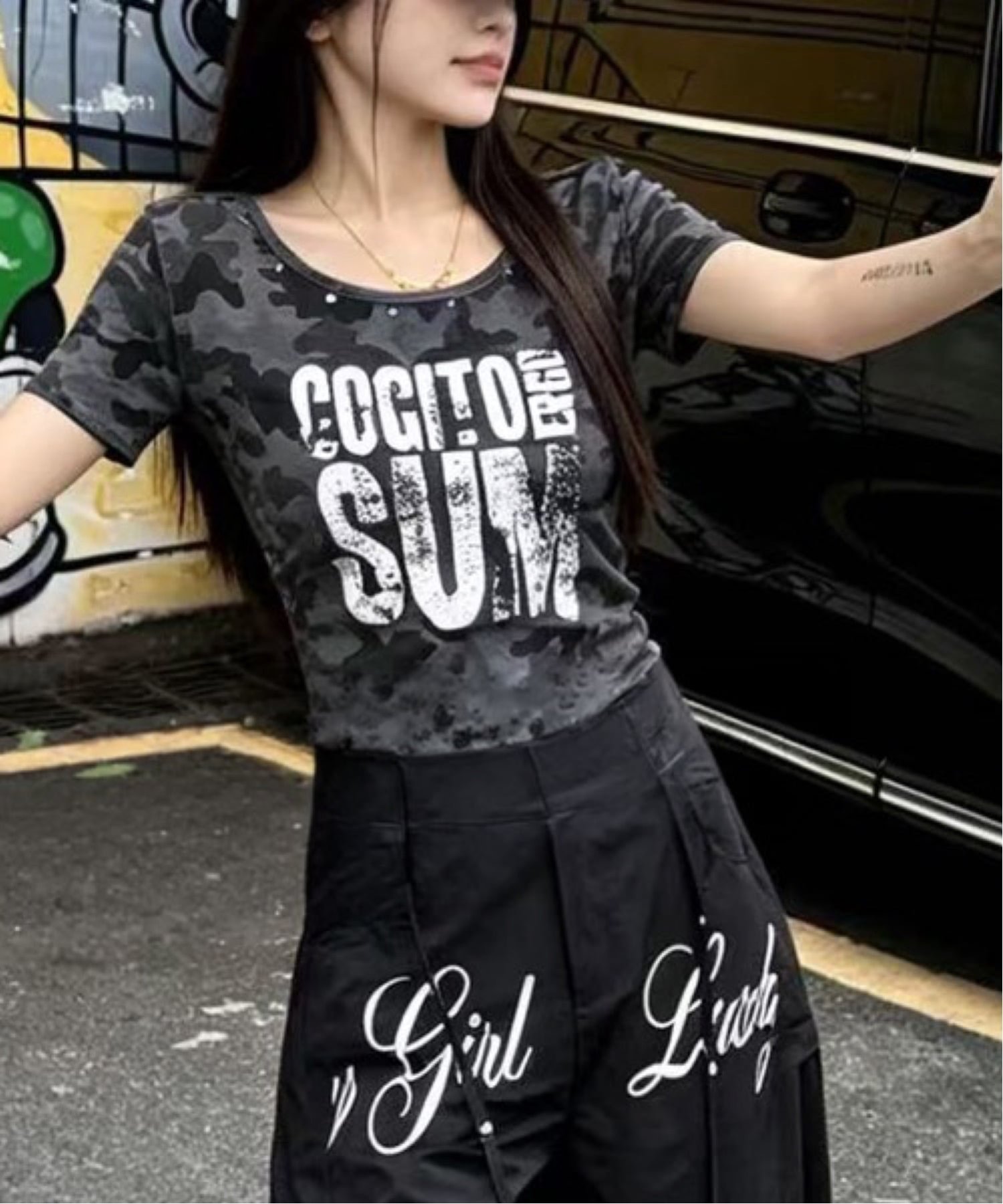 MEMECLE MEMECLE/(W)スタッズデザインカモフラコンパクトTシャツ チェルカ トップス カットソー・Tシャツ