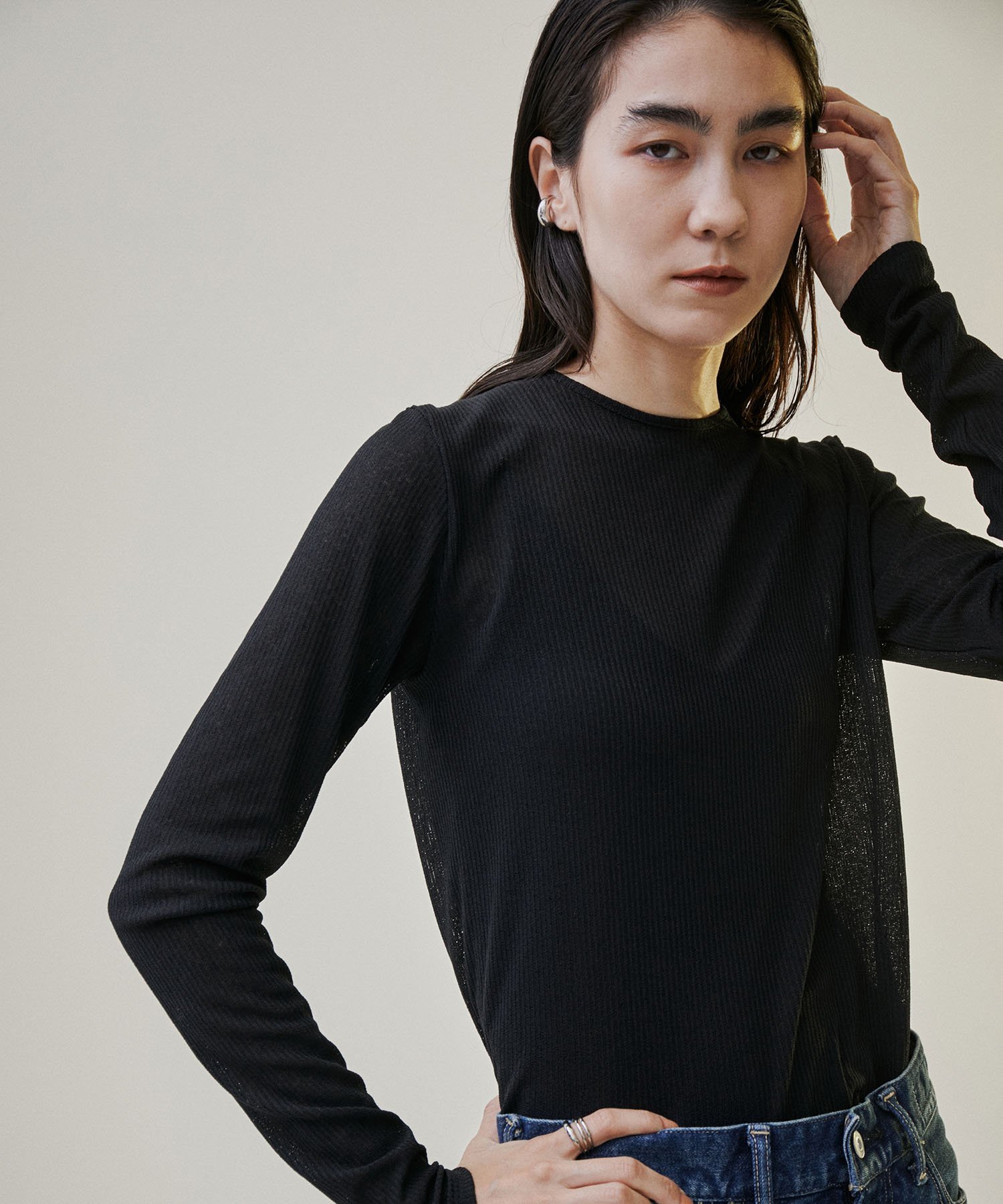 【SALE／40%OFF】SALON adam et rope' KINANシアーリブロングTシャツ サロン アダム エ ロペ トップス カットソー・Tシャツ ブラック パープル ホワイト【送料無料】