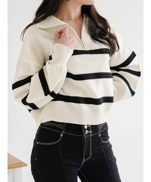 【SALE／33%OFF】Ludic Park ハーフZIPボーダーニットトップス ルディックパーク トップス ニット グリーン ホワイト ブラック