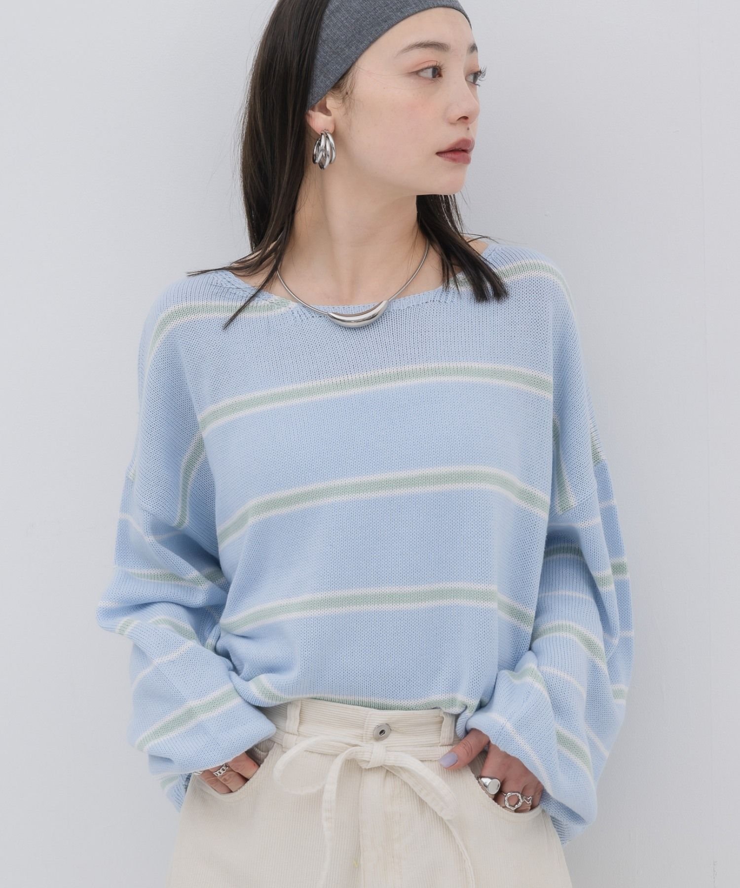 kivi multi border knit PO レトロガール トップス ニット ピンク