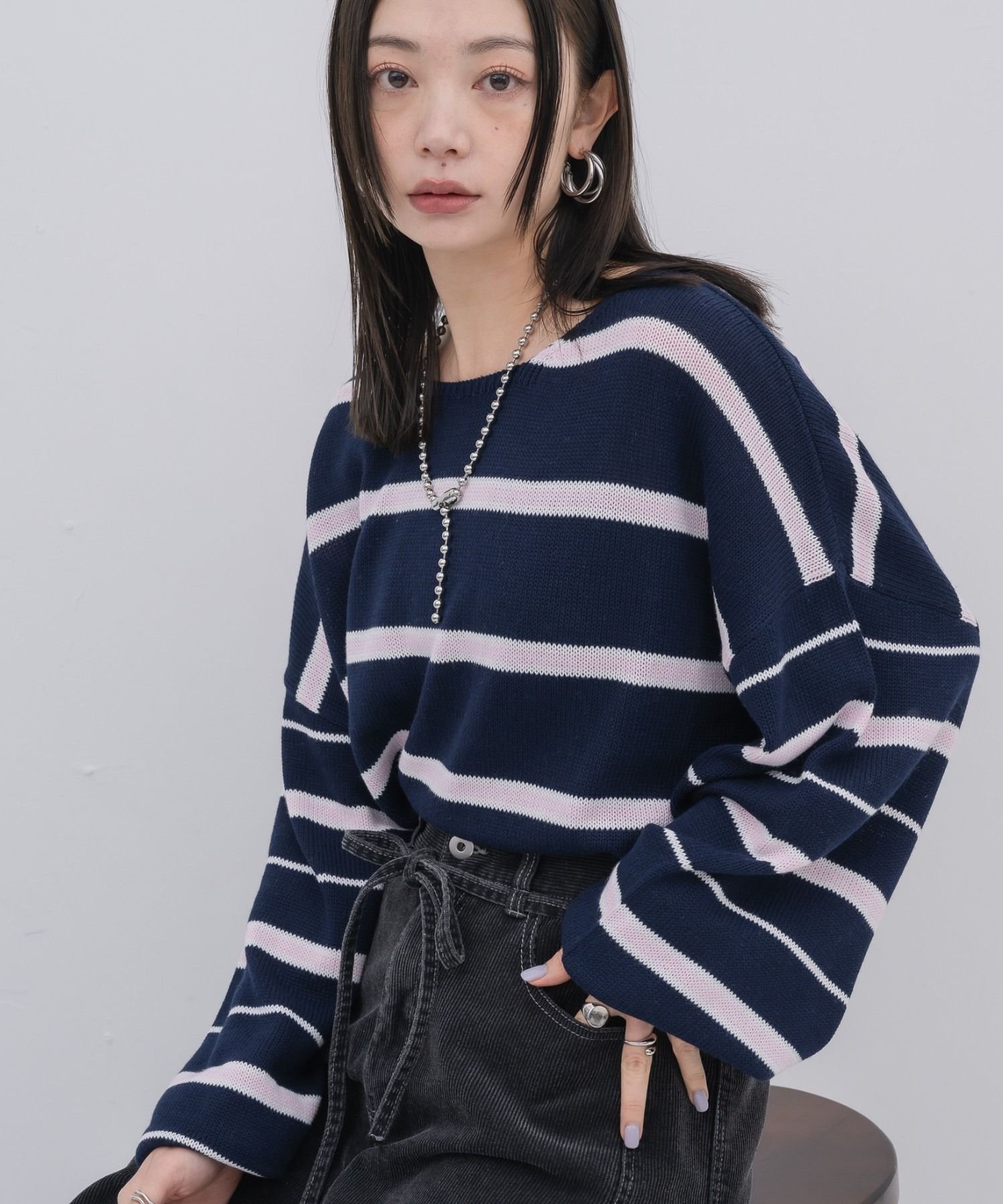 kivi multi border knit PO レトロガール トップス ニット ピンク