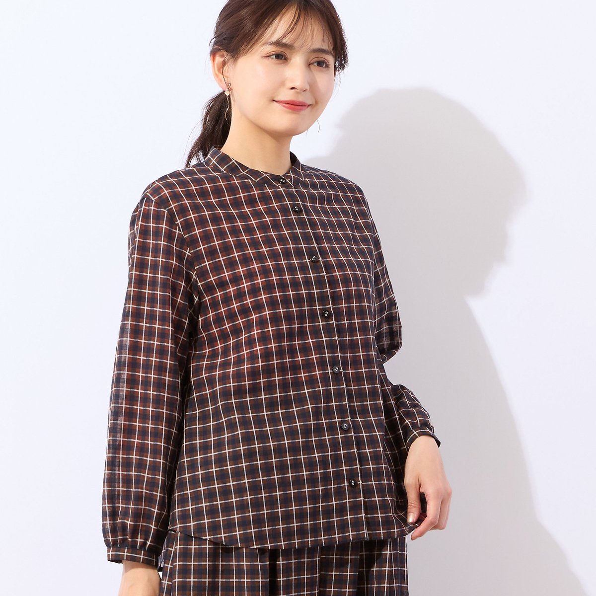 LOBJIE 【洗える・セットアップ可】シアーチェックブラウス ロブジェ トップス シャツ・ブラウス ブラウン グリーン