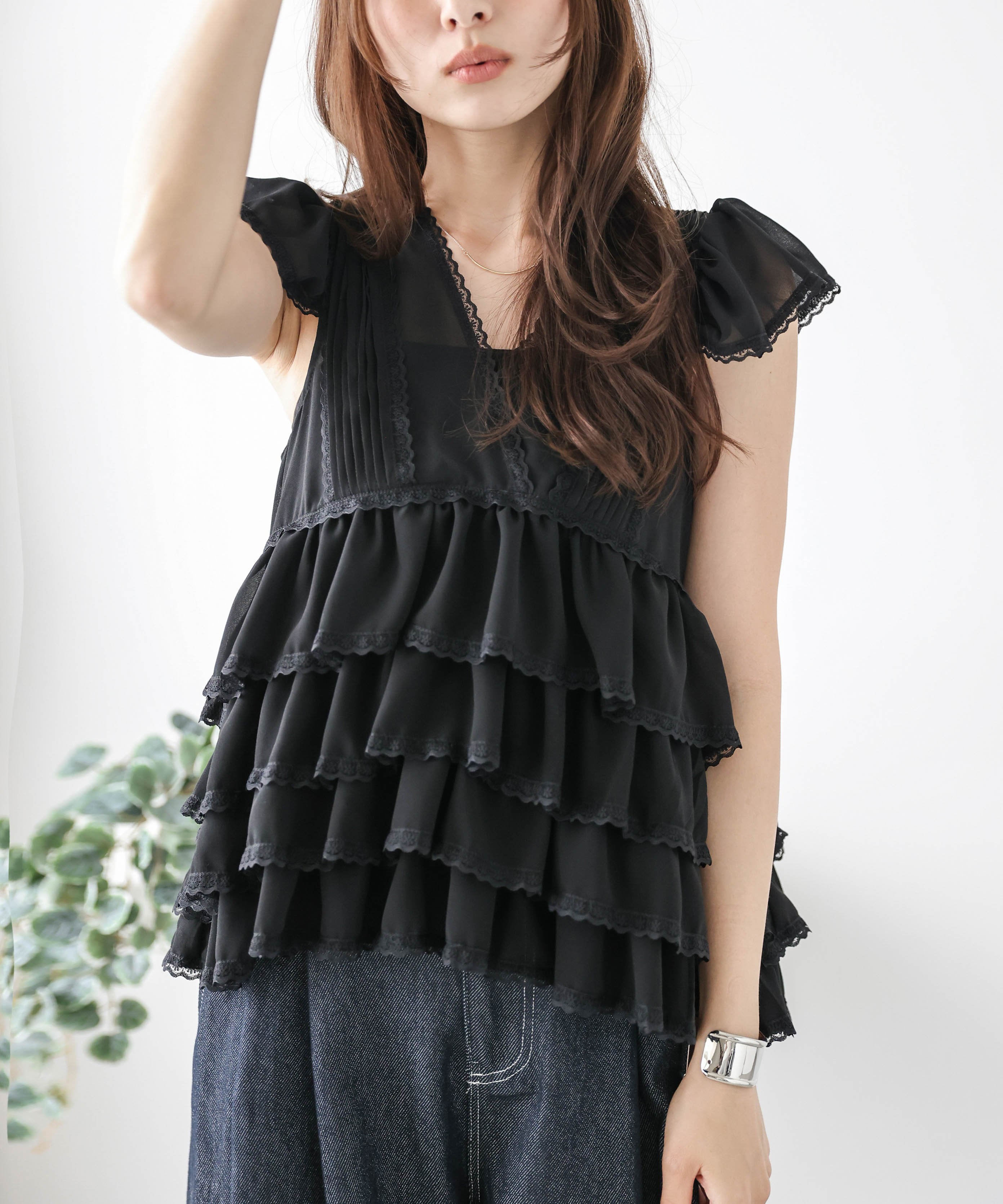 La-gemme シフォンフリル レーストップス ラジュール トップス シャツ・ブラウス グレー ブラック ベージュ