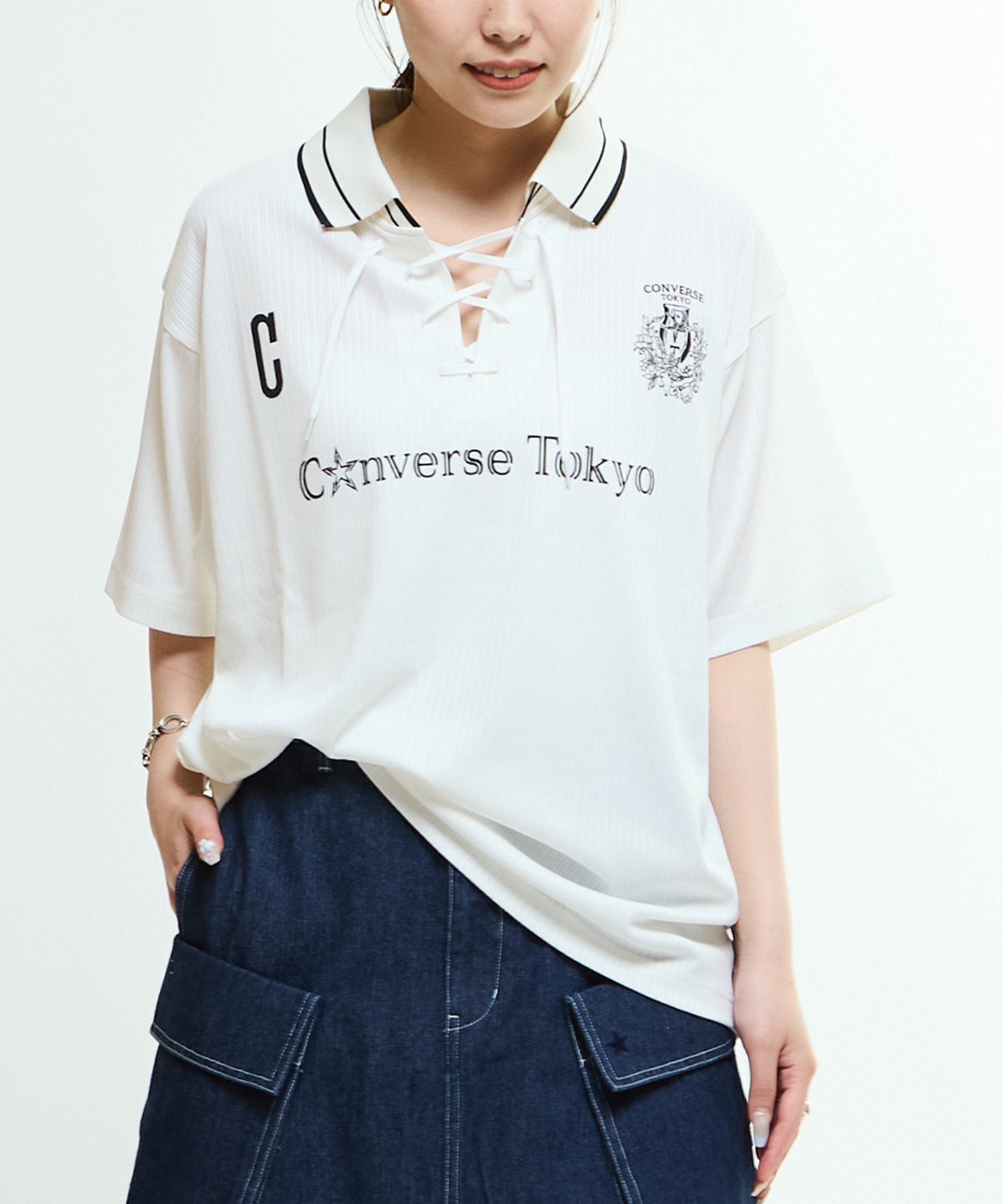 CONVERSE TOKYO LACE-UP COLLAR SOCCER TEE コンバーストウキョウ トップス カットソー・Tシャツ ピンク ホワイト【送料無料】