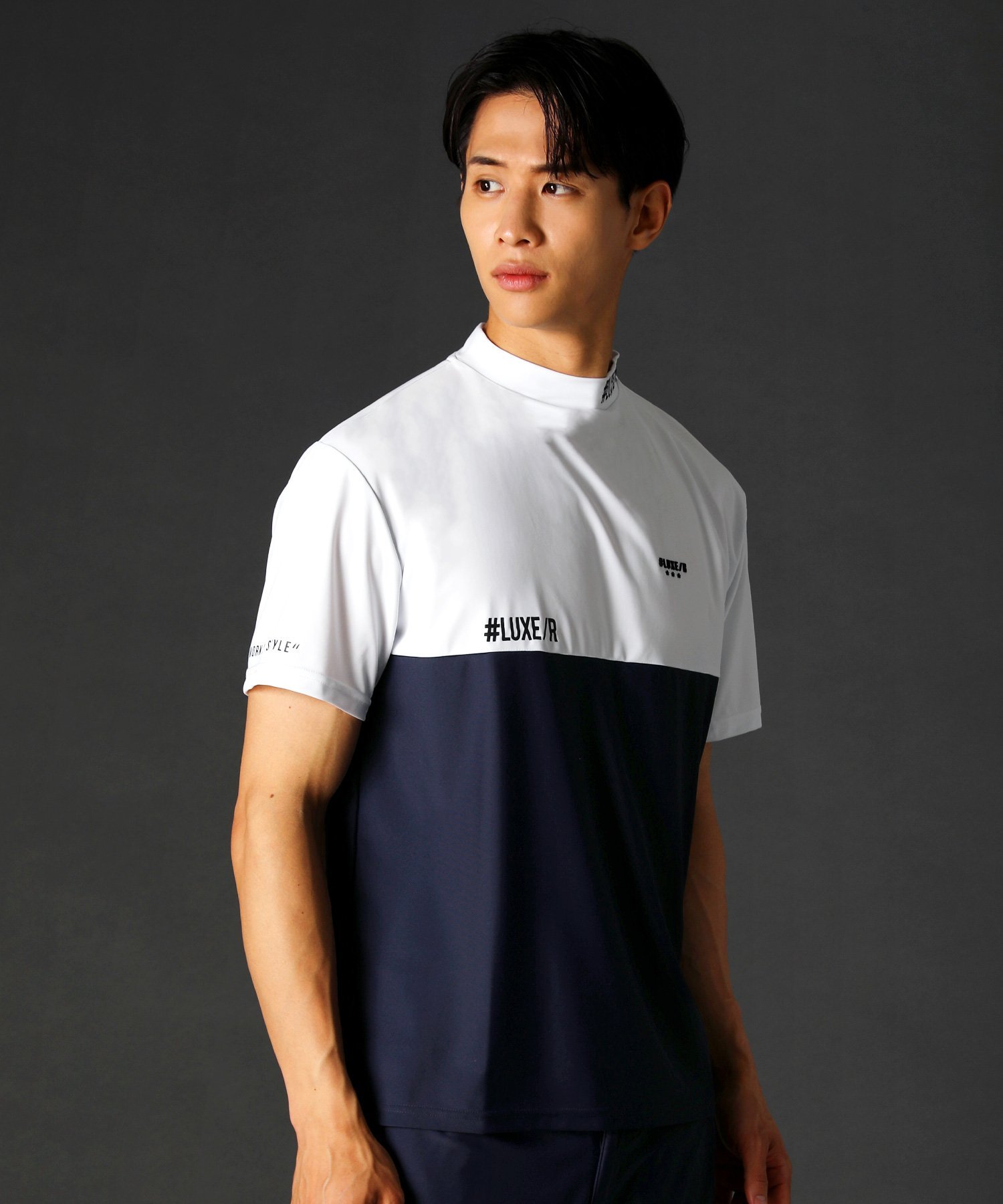 LUXE/R 接触冷感/吸水速乾スムースストレッチバイカラーハイネック半袖カットソー GOLF カジュアル トップス カットソー・Tシャツ ホワイト ブラック ネイビー ベージュ【送料無料】
