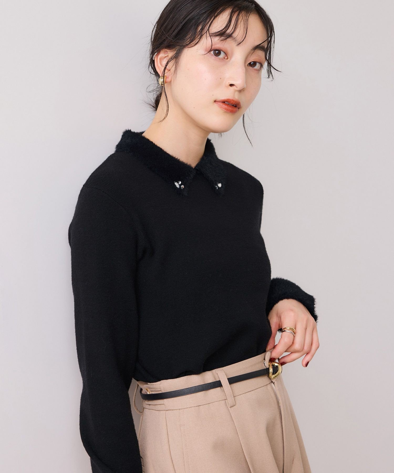 【SALE／50%OFF】VIS ビジュー付きシャギーカラーニットトップス ビス トップス ニ...