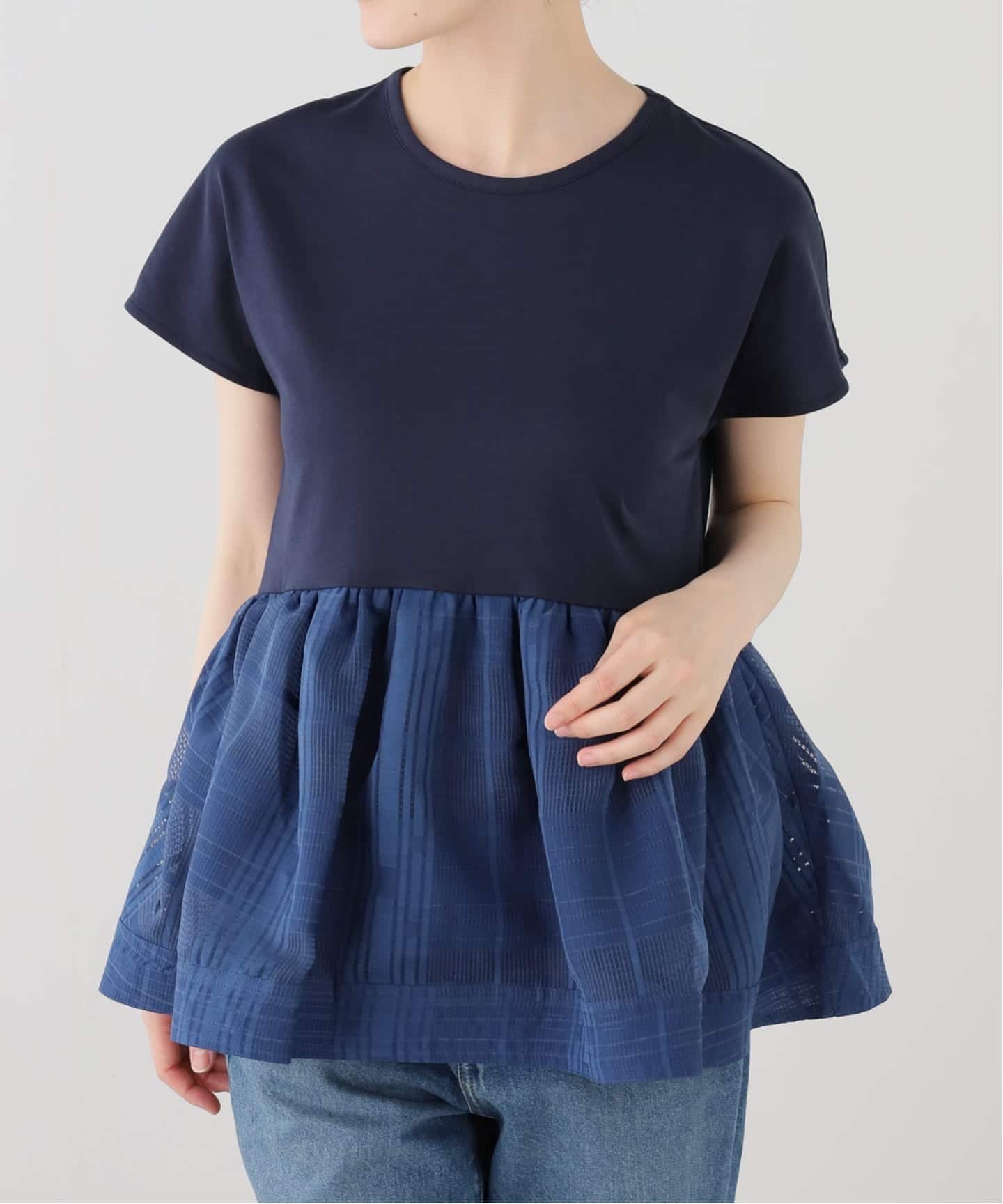 La Totalite 【洗える】TORRAZZO DONNA/トラッゾドンナ シアーチェックコンビペプラムプルオーバー ラ トータリテ トップス カットソー・Tシャツ ブラック ホワイト ネイビー